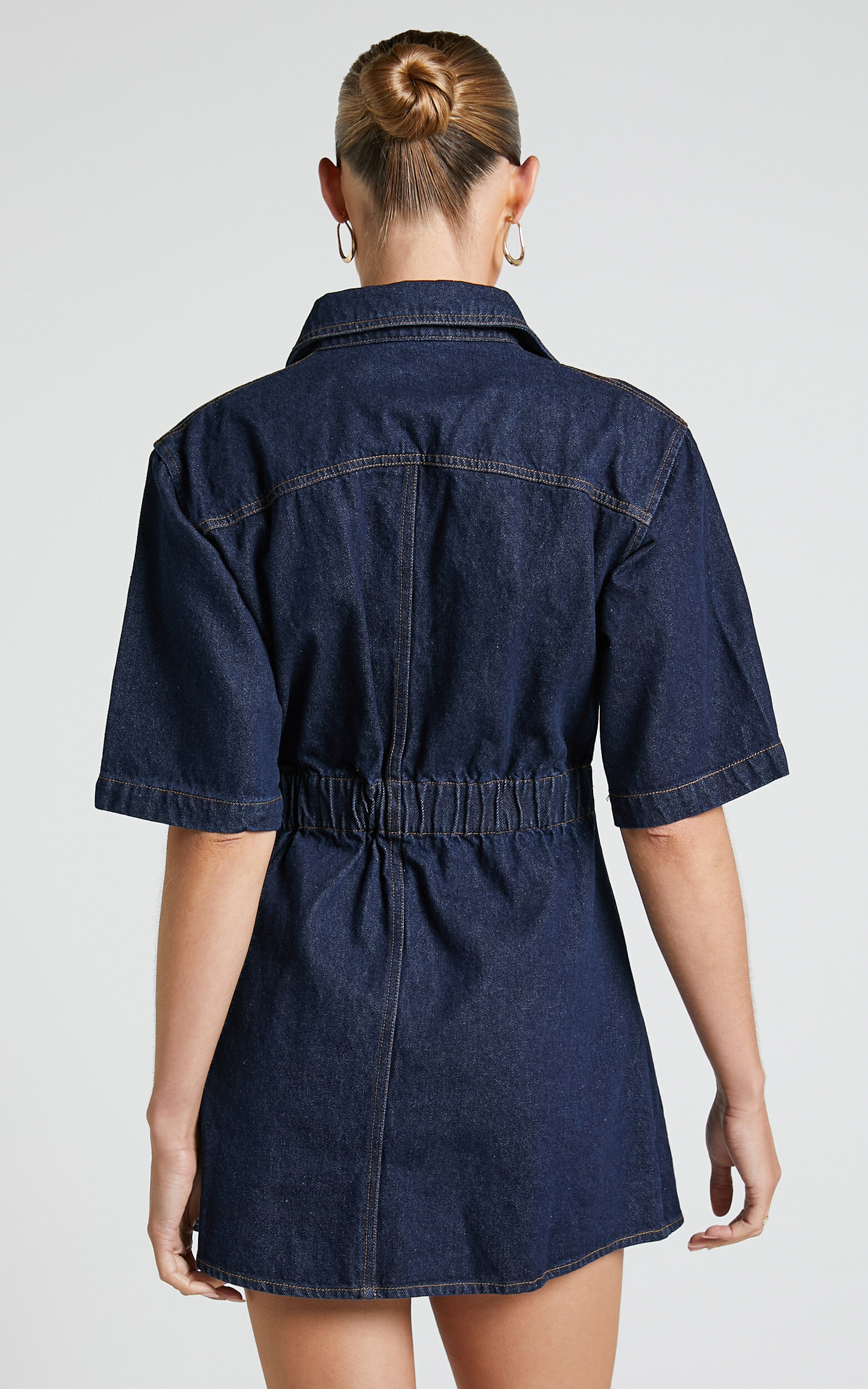 Leilani Mini Dress - Denim Short Sleeve Button Up Dress in Indigo Denim