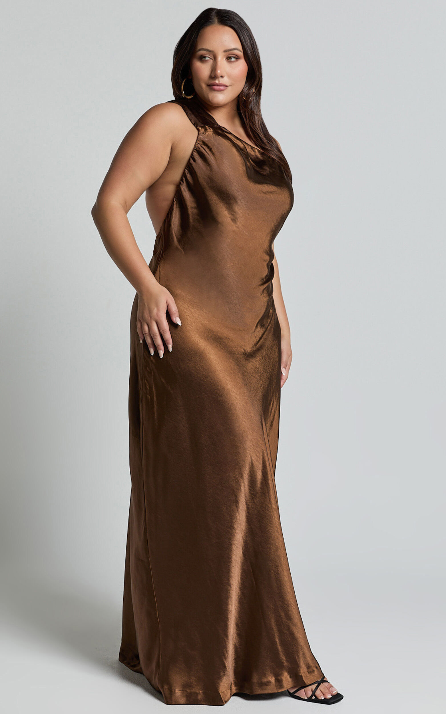 Ryan Maxi Dress - Tie Neck One Shoulder Dress in Chocolate