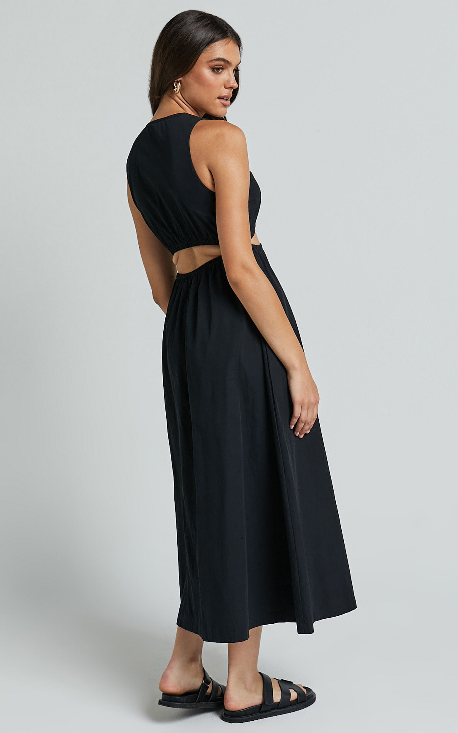 Celiana Midi Dress - Plunge Elastic Waist Cut Out Sleeveless A Line Dress in Black