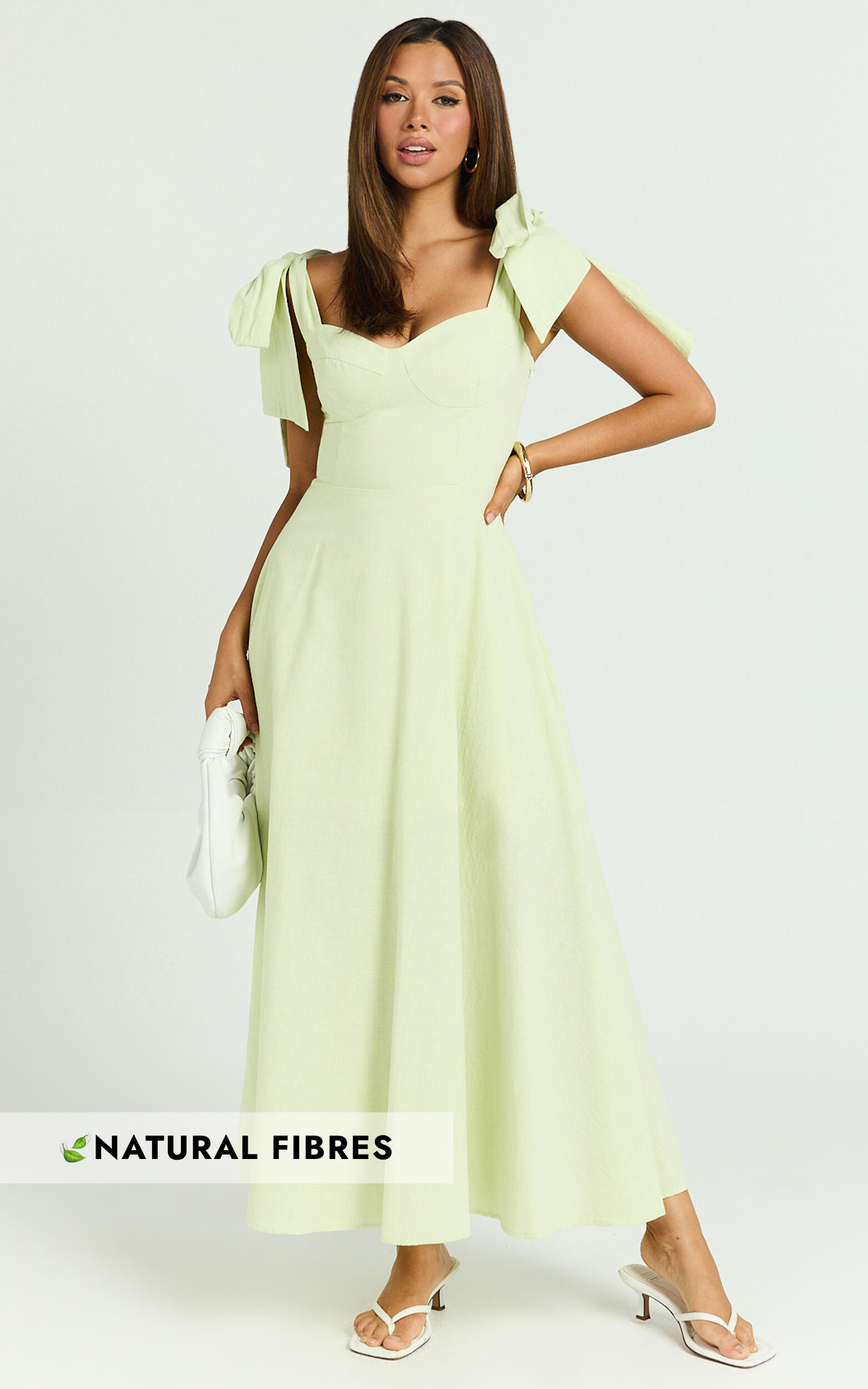 Tymia Midi Dress - Shoulder Tie Bustier Shirred Back A Line in Celery