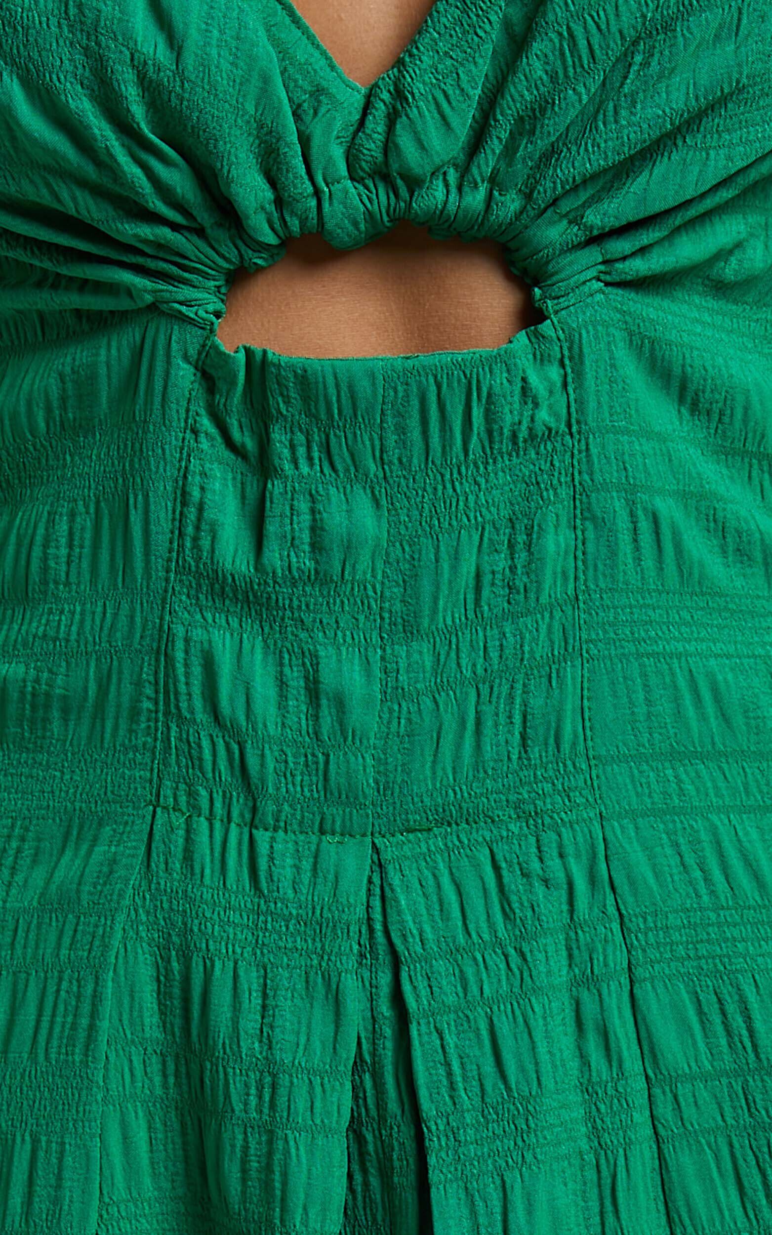 Marisse Maxi Dress - Cut Out Front Split Cross Back Textured Dress in Green