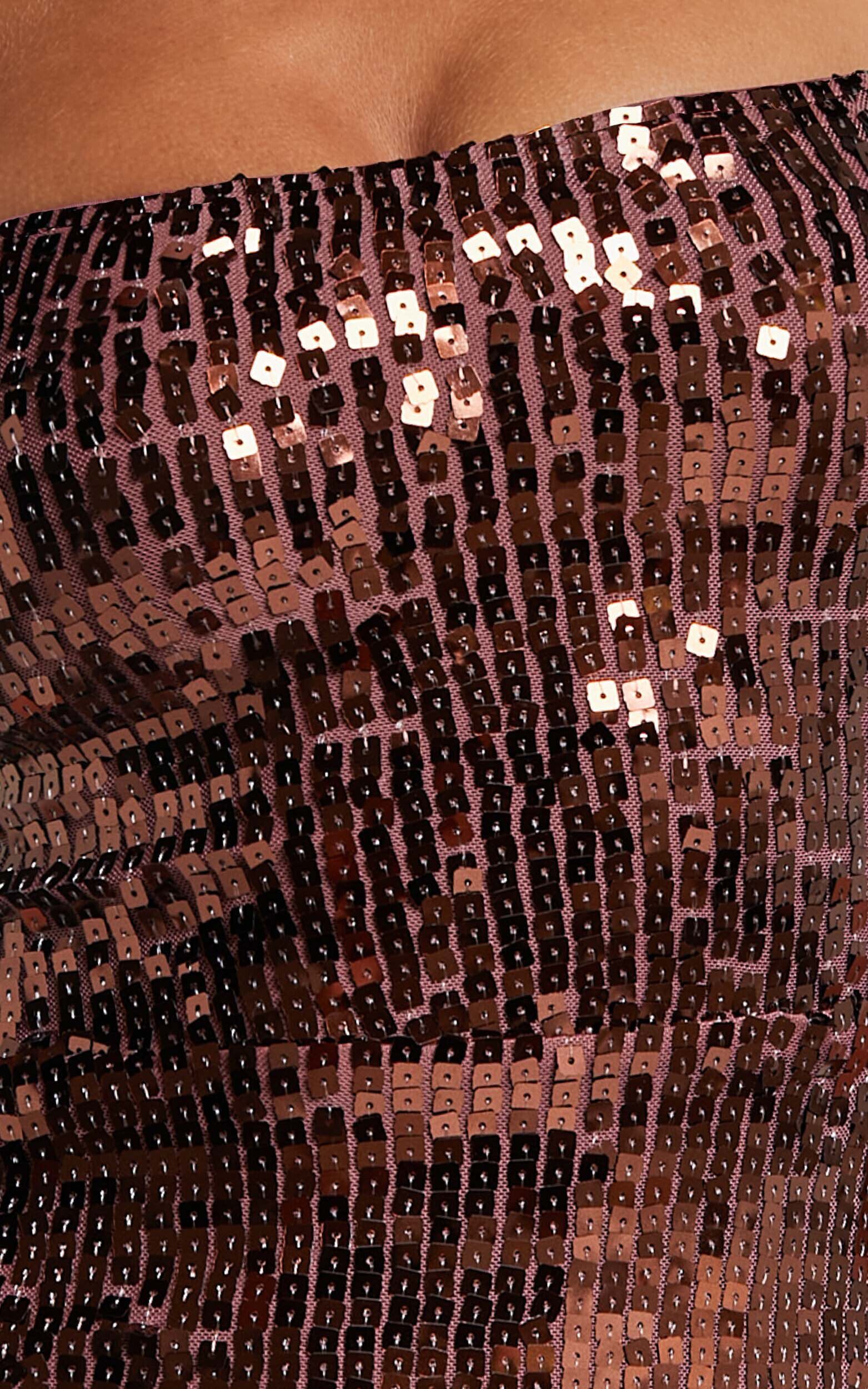 Dorice Midi Dress - Strappy Straight Neck Square Sequin Dress in Chocolate