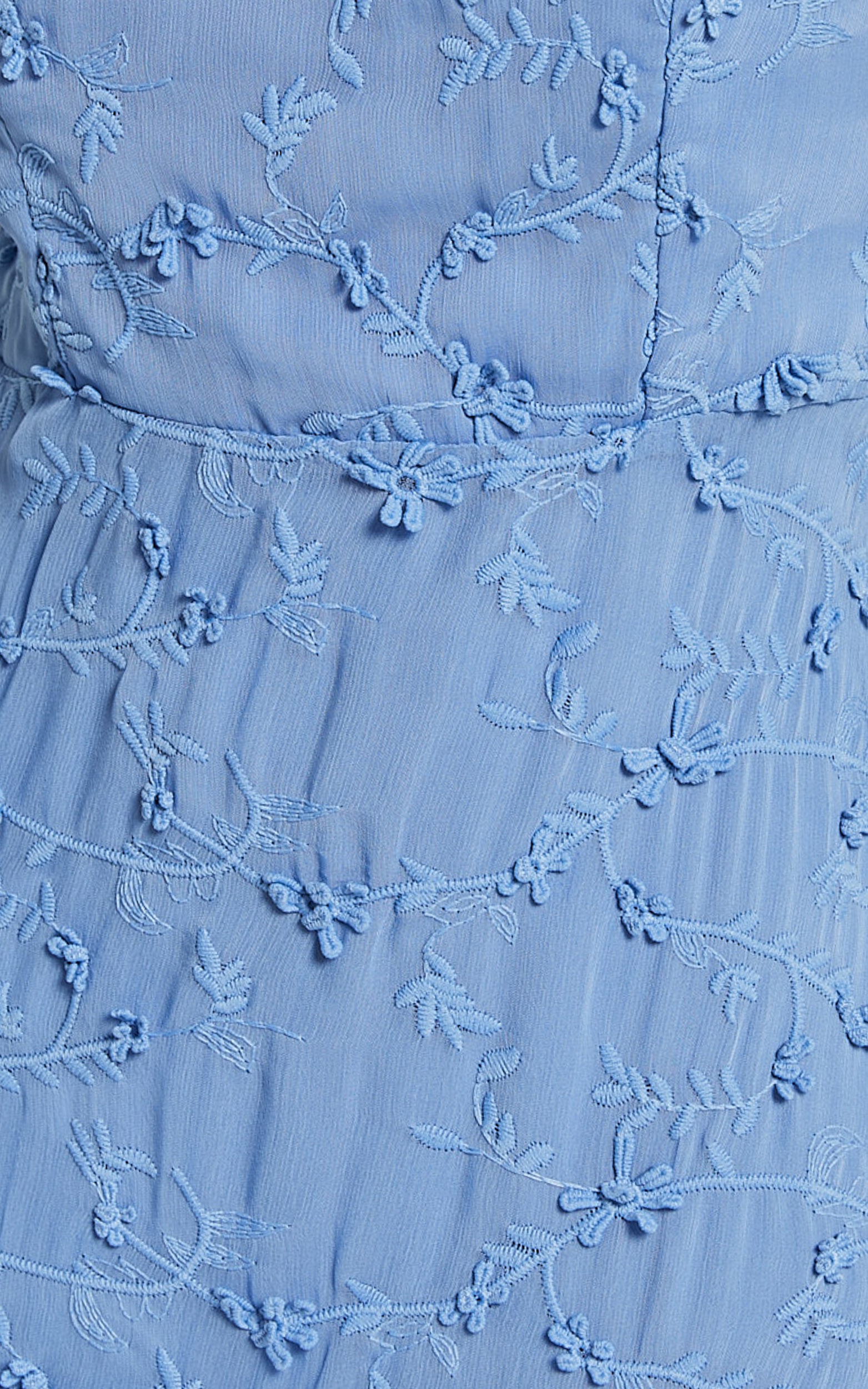 Francesca Midi Dress - Tie Shoulder Tiered Embroided Dress in Cornflower Blue