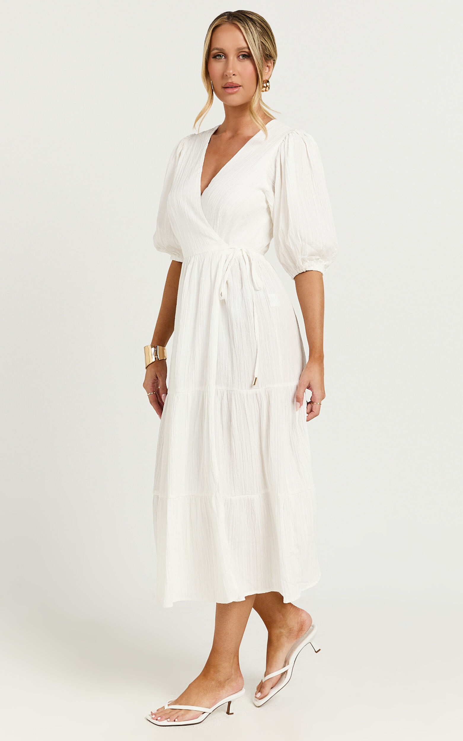 Junmae Midi Dress - Tiered Waffle Wrap Dress in Ivory