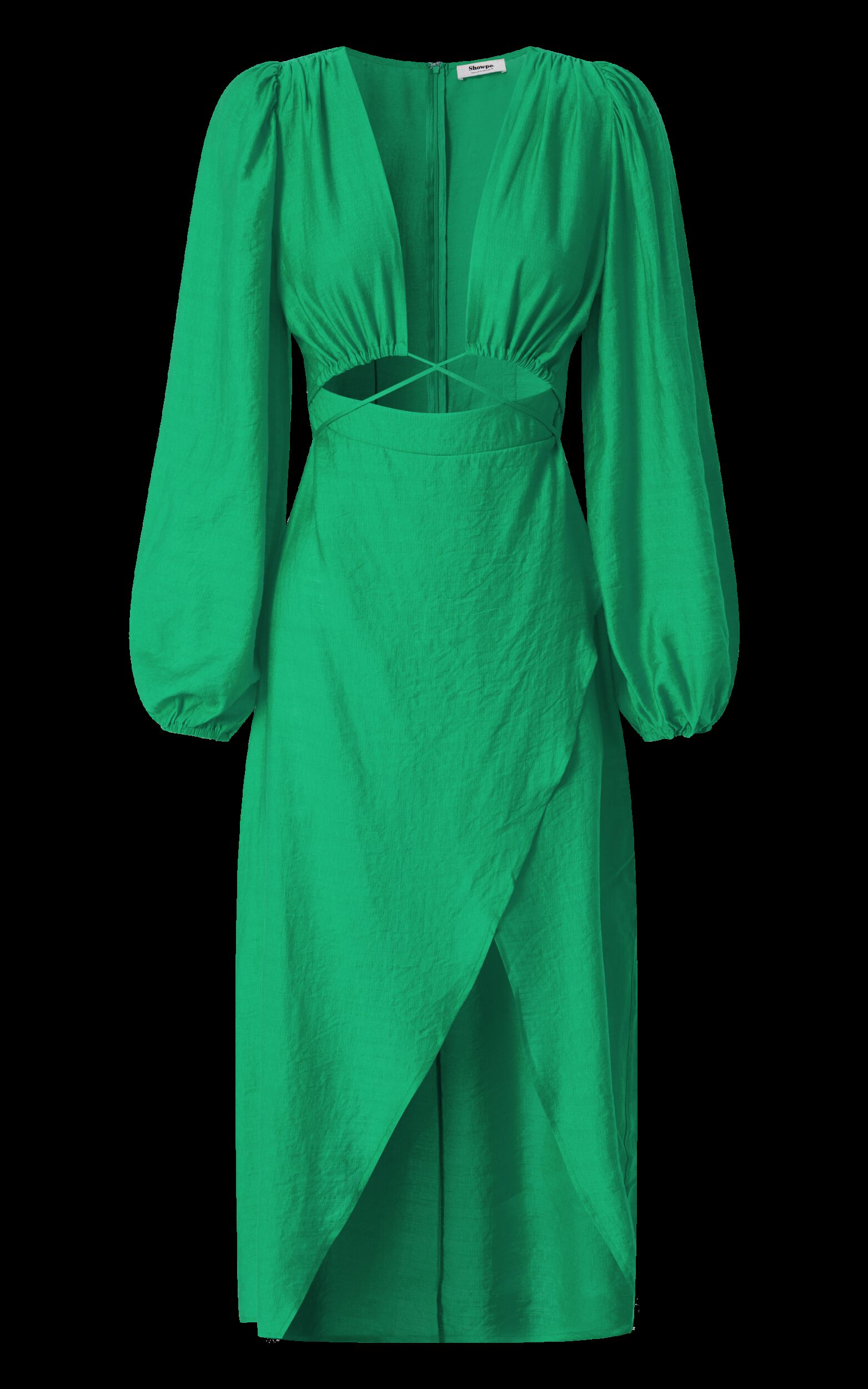 Demieh Midi Dress - Front Cut Out Long Sleeve Dress in Green