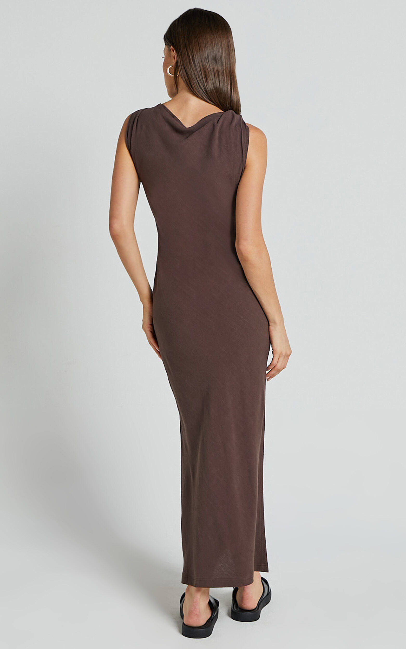 Jessenia Midi Dress - Linen High Neck Dress in Chocolate
