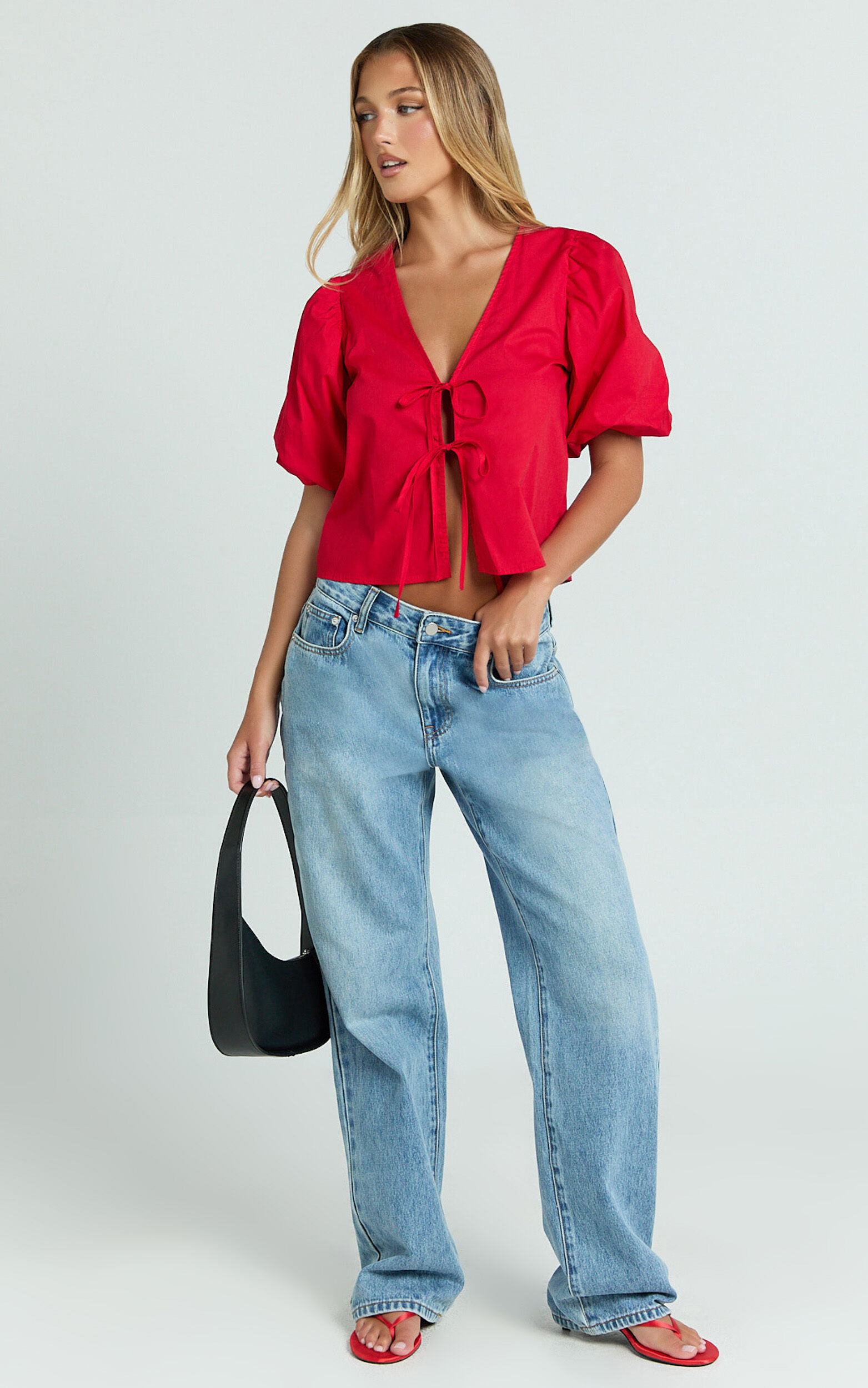 Dana Top - Bow Tie Front Puff Sleeve Blouse in Red