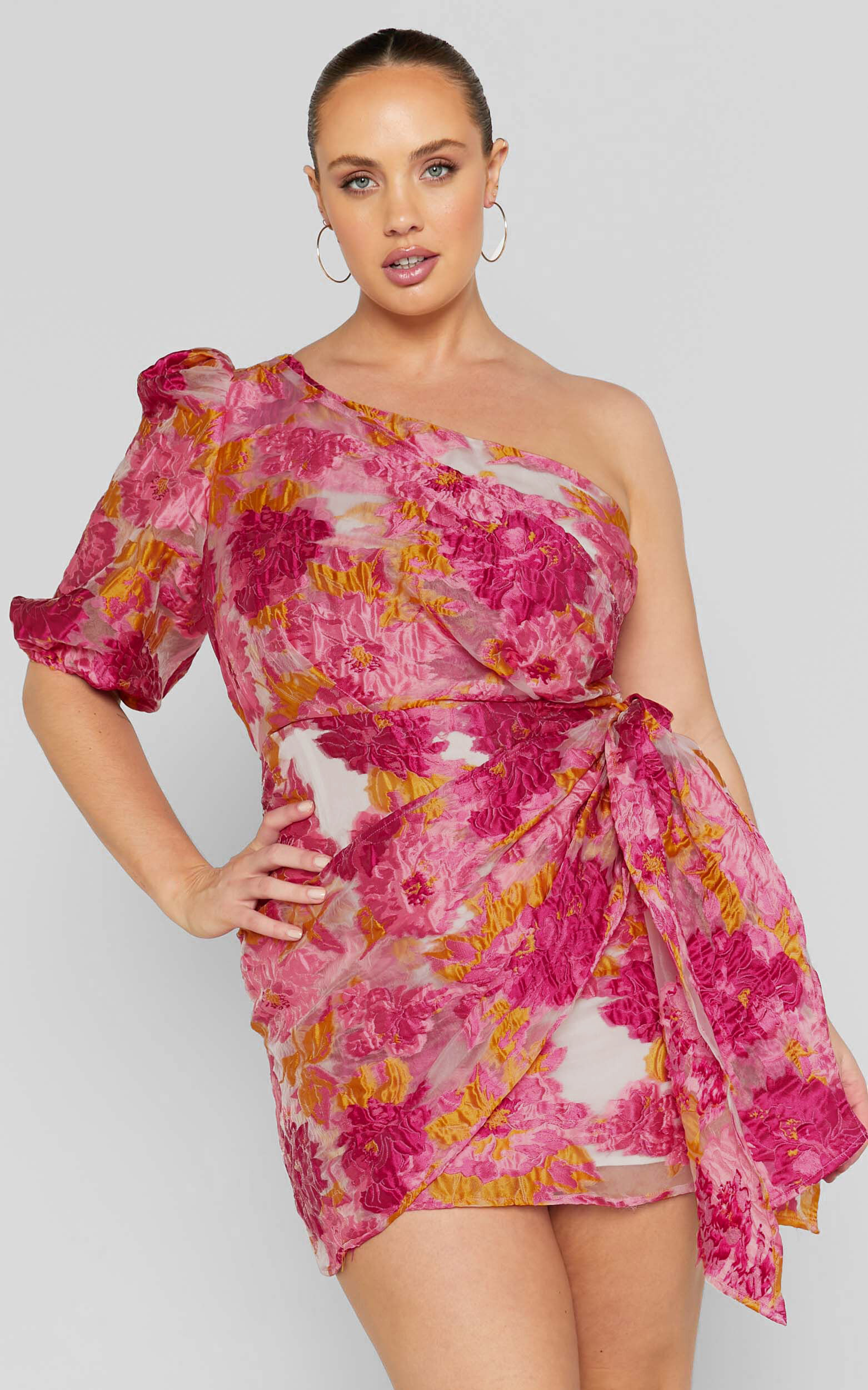 Brailey Mini Dress - One Shoulder Puff Sleeve Dress in Pink Jacquard