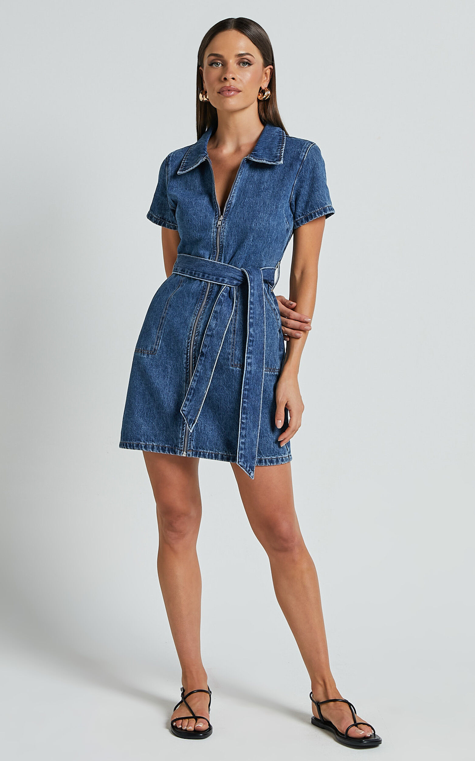 Nandini Mini Dress - Zip Through Denim Dress in Blue