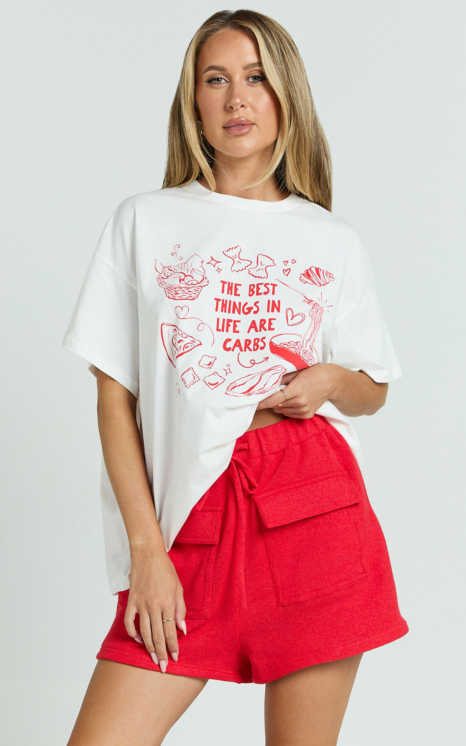 Rheyna Top - Oversized The Best Things in Life Are Carbs Print T-Shirt in White