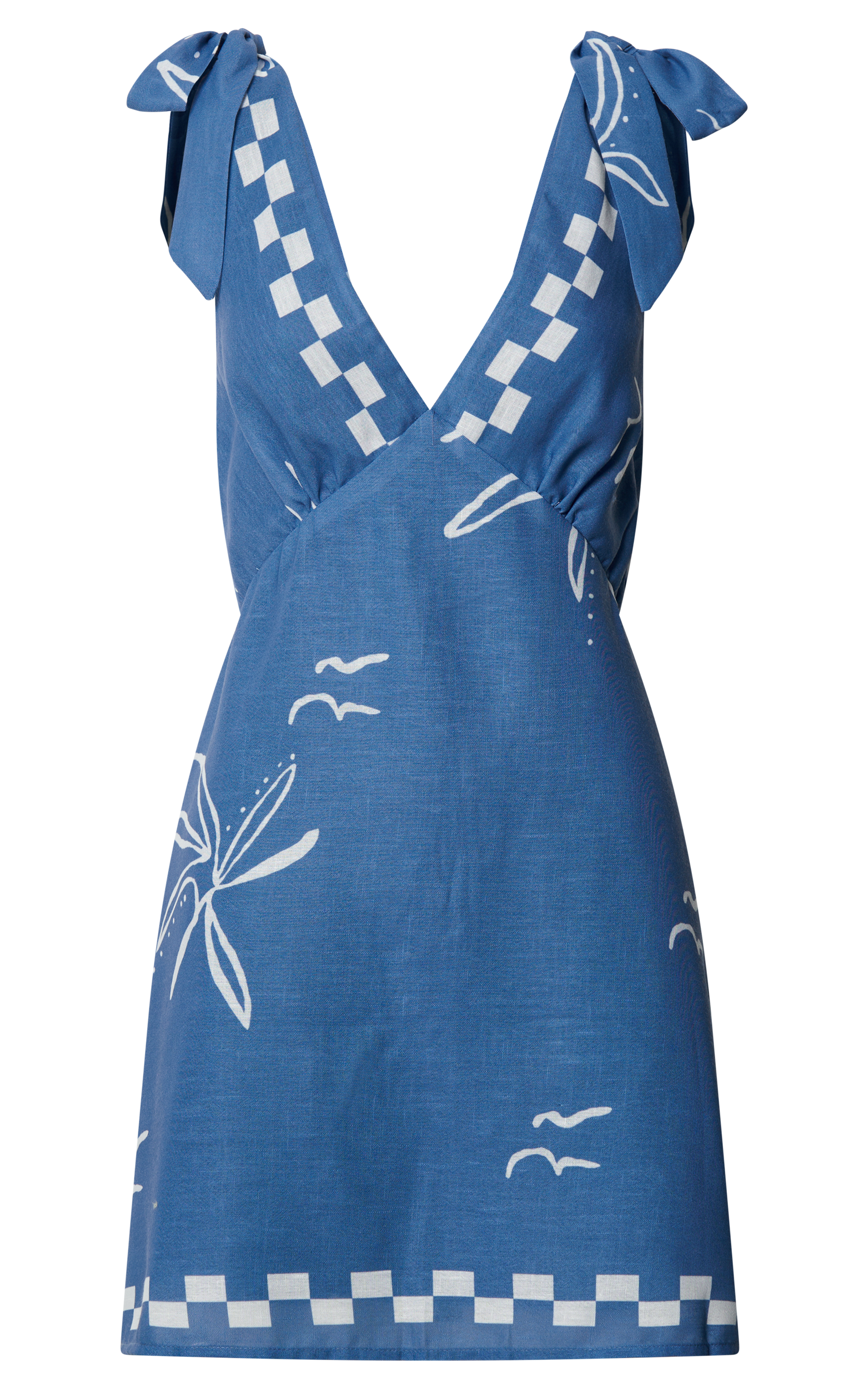 Aveda Mini Linen Dress - Tie Strap Deep V Neck Shift Dress in Blue