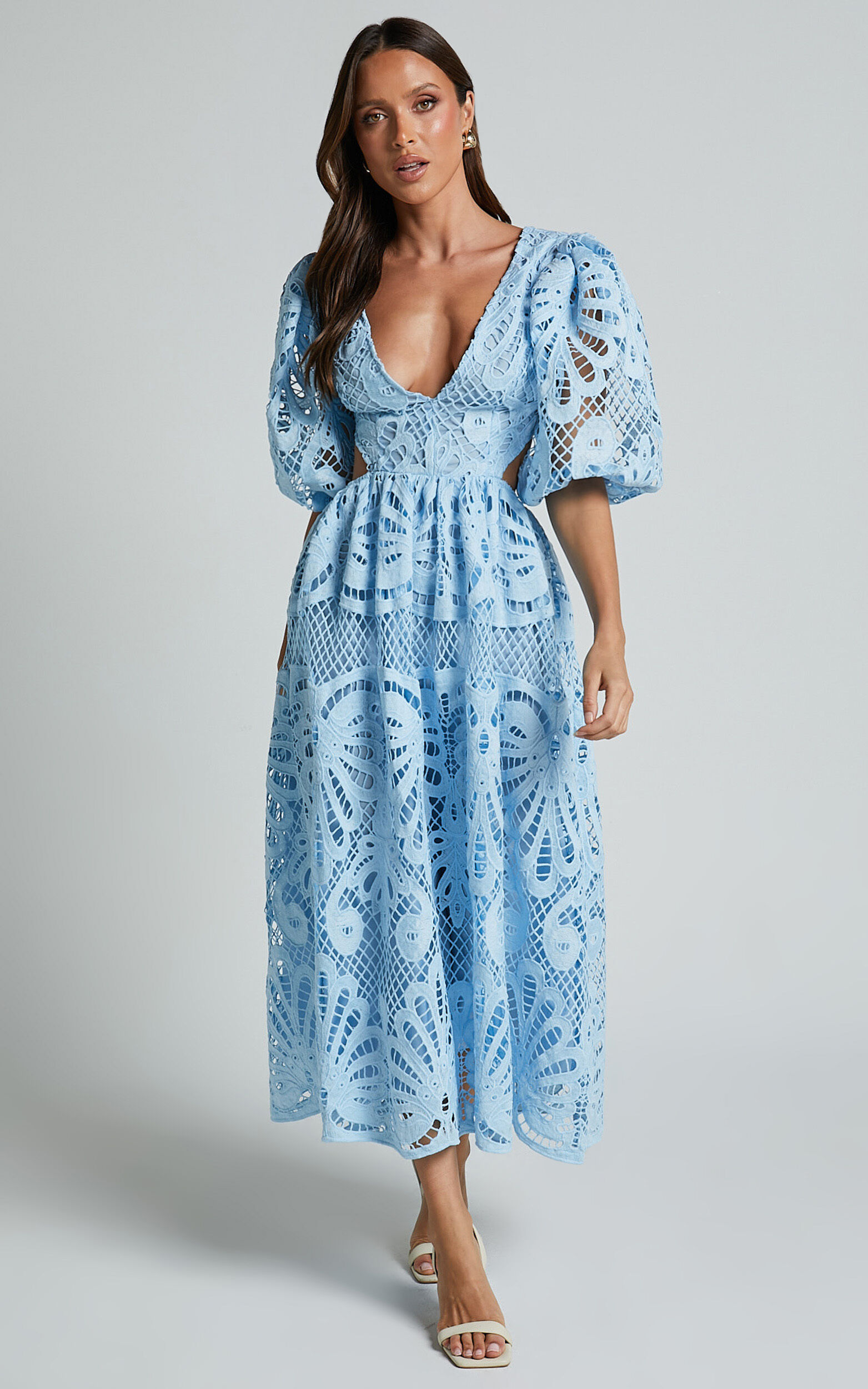 Anieshaya Midi Dress - V Neck Cut Out Lace Dress in Soft Blue