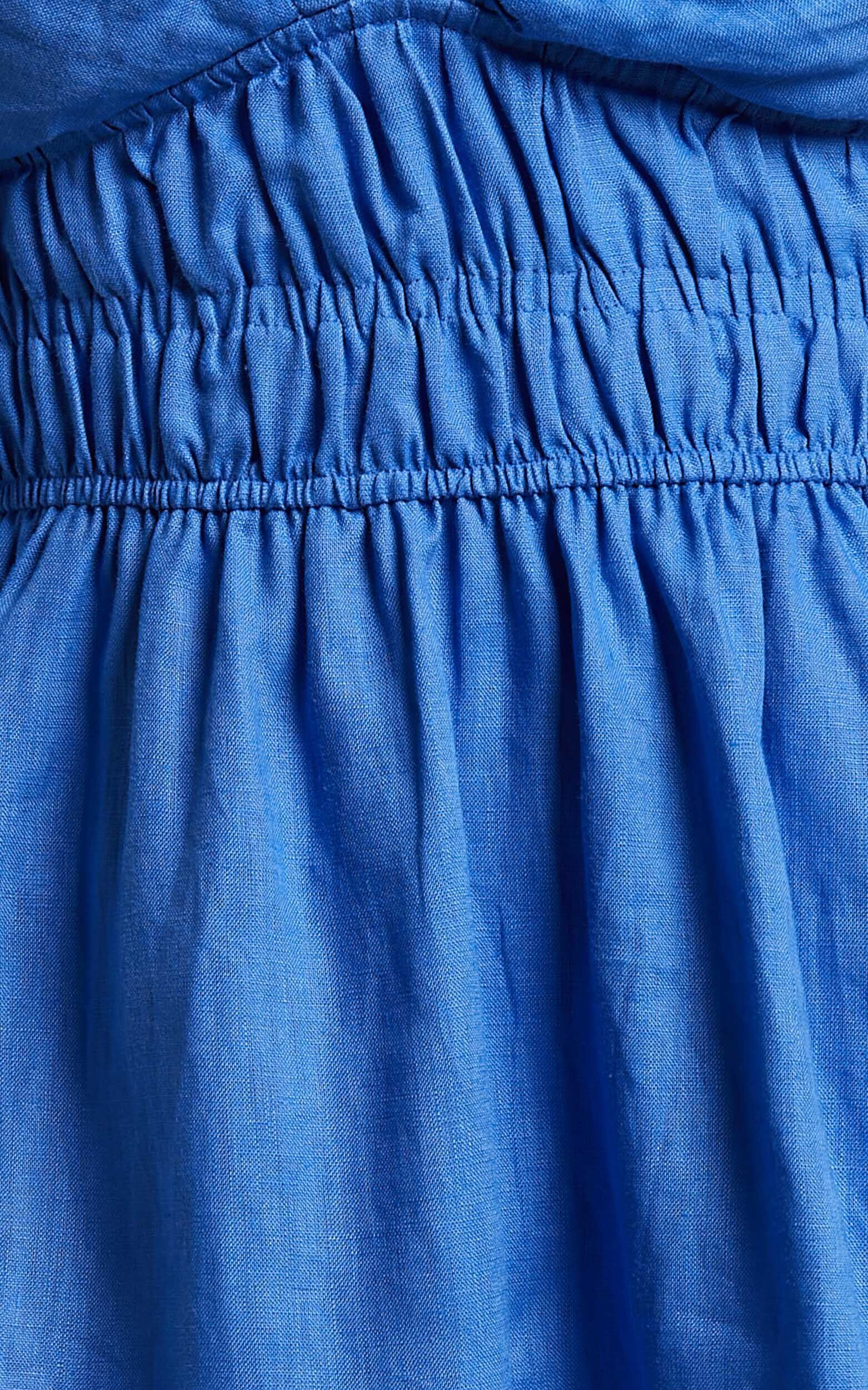 Amalie The Label - Khaila Linen Plunge Puff Sleeve Mini Linen Dress in Blue