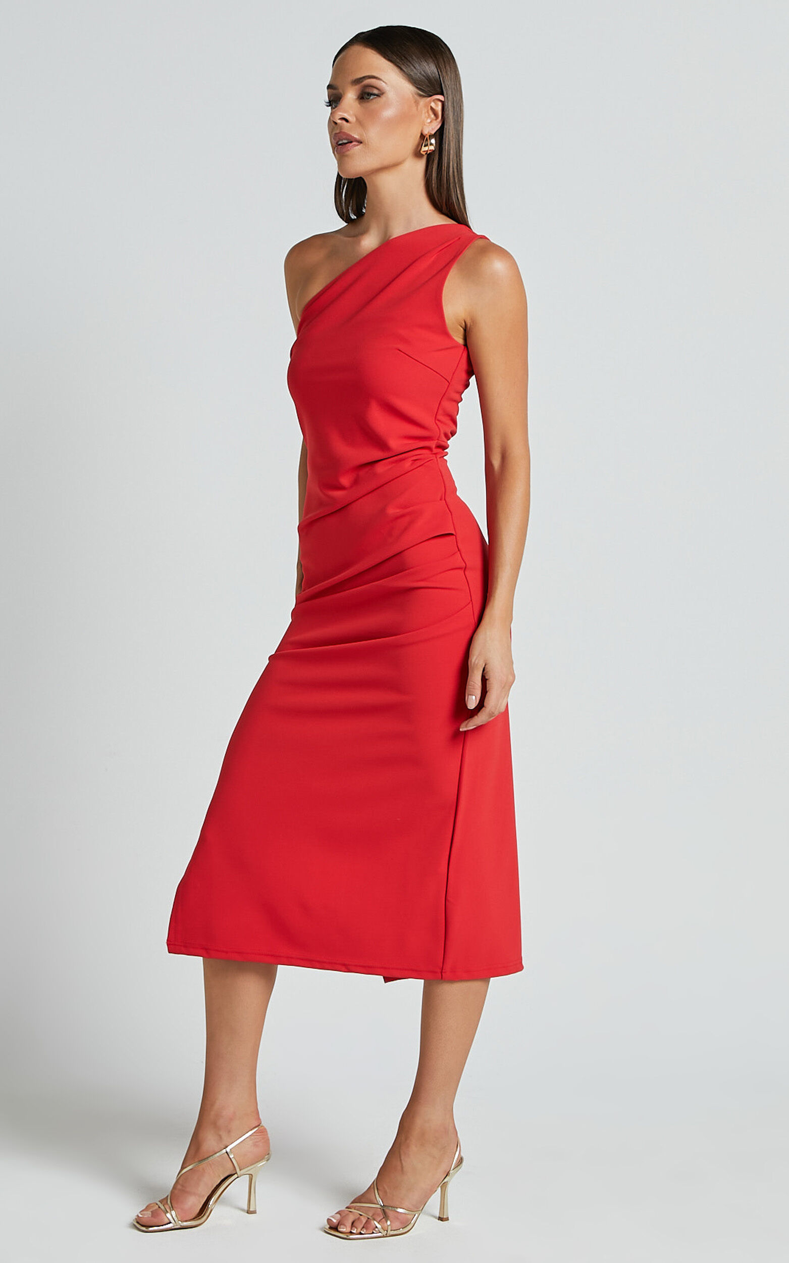 Monette Midi Dress - One Shoulder Straight Dress in Orange Red