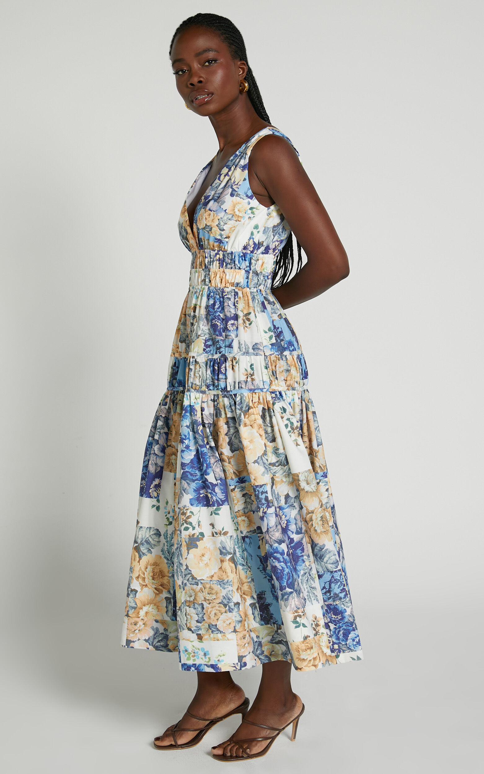 Emily Midi Dress - Plunge Tiered Midi in Patchwork Floral