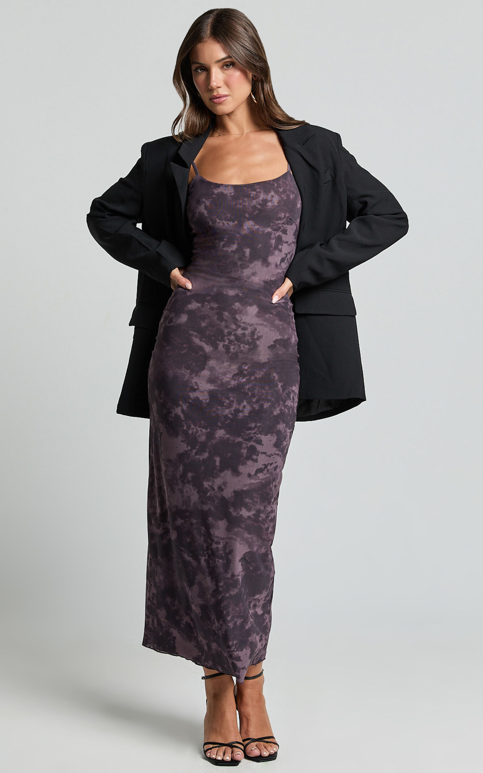 Teagan Midi Dress - Strappy Mesh Slip Dress in Plum