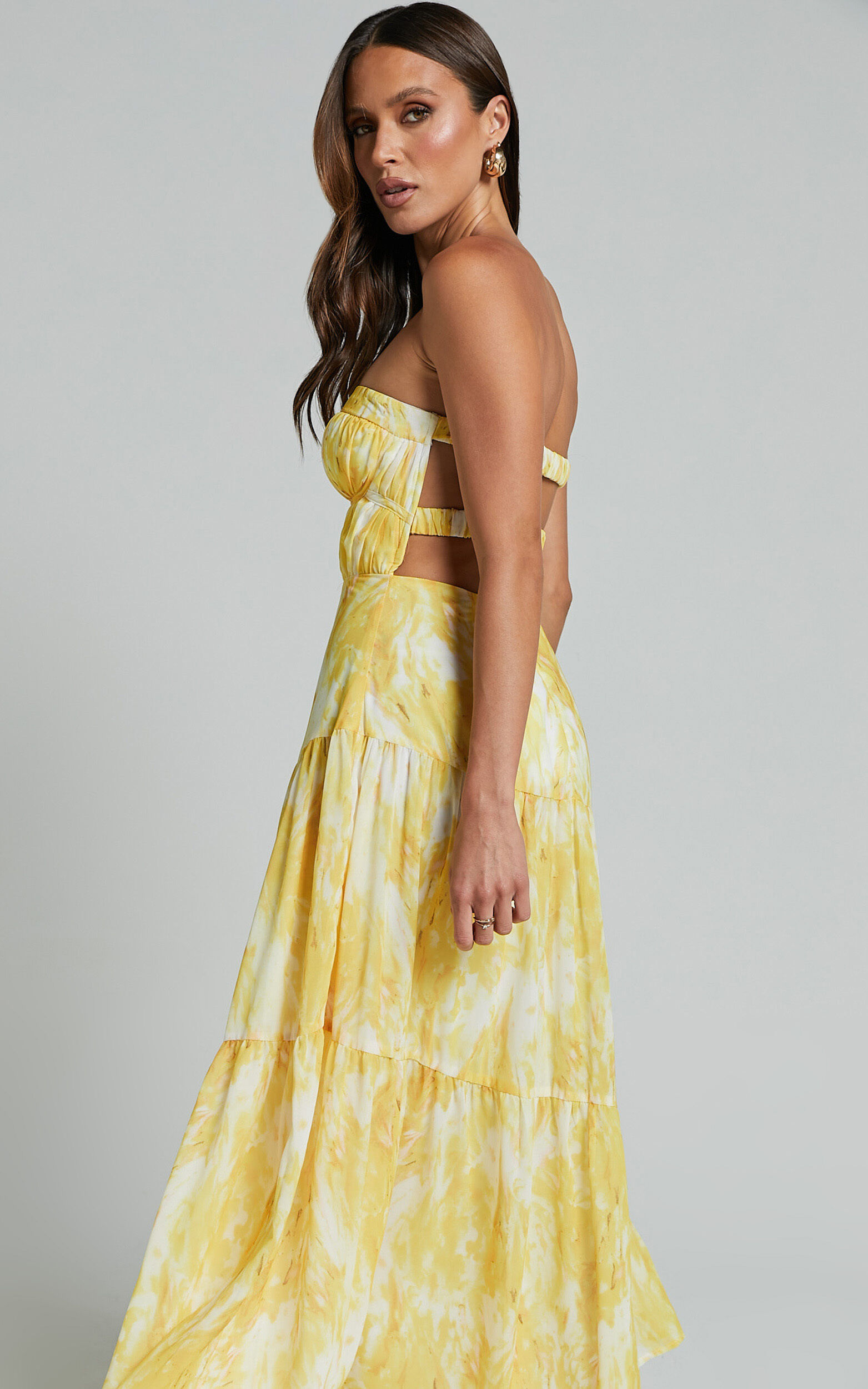Cardelyn Midi Dress - Strapless Tiered Dress in Yellow Floral