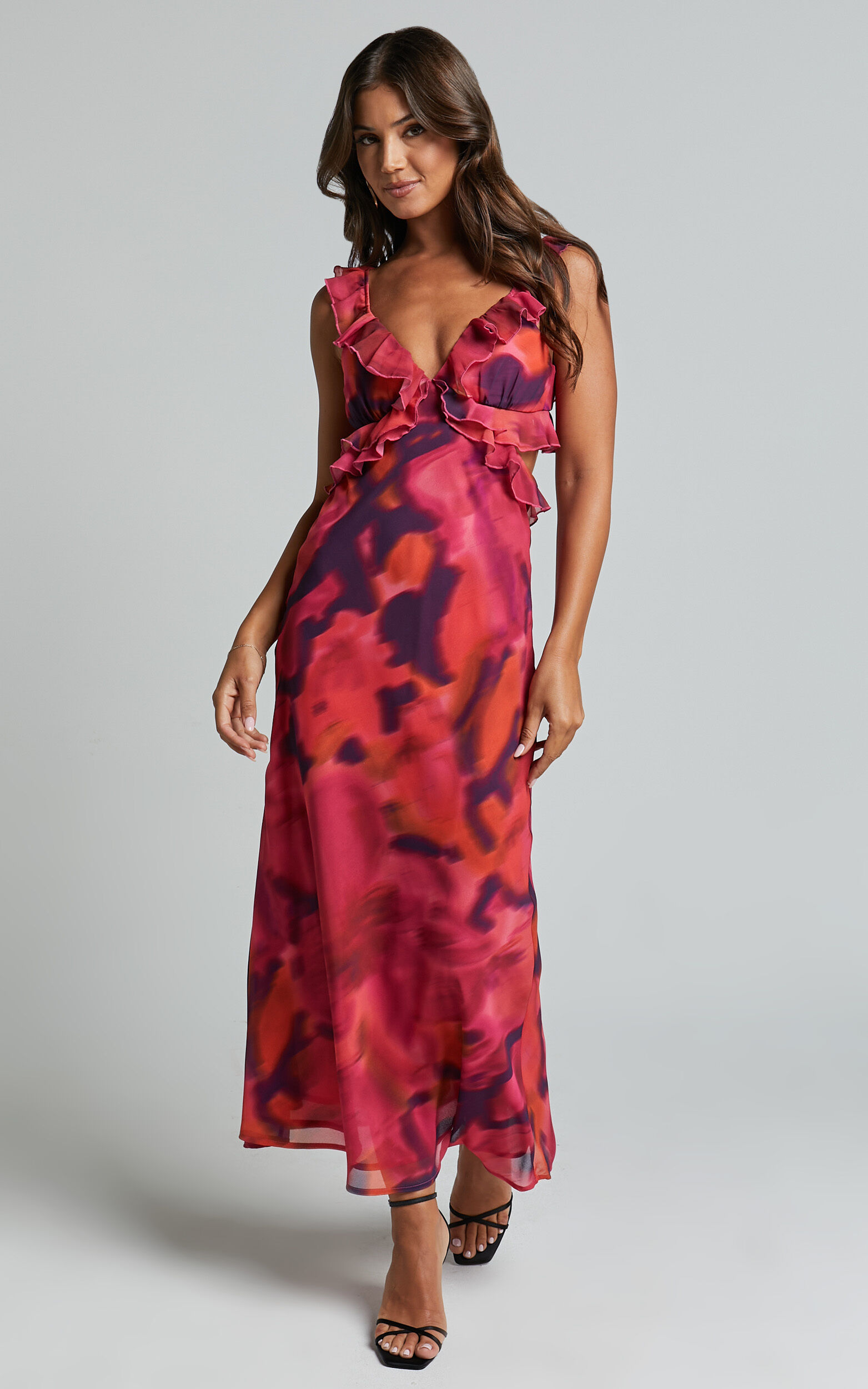 Alessa Maxi Dress - V Neck Frill Detail Empire Waist Back Cut Out Dress in Adeana Print