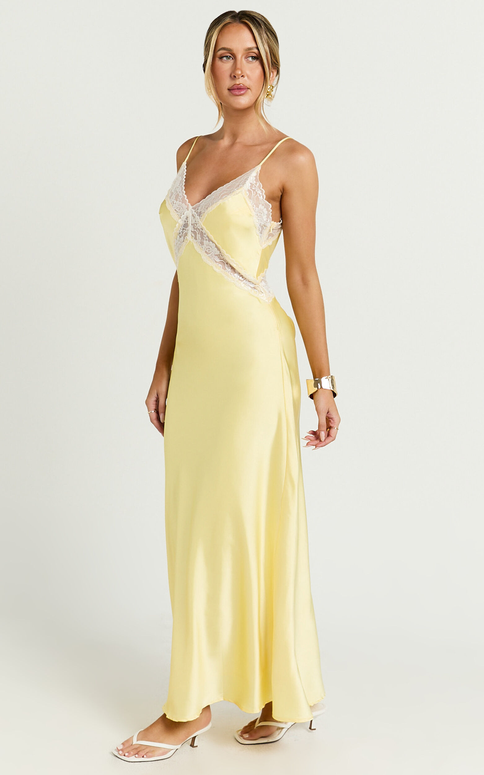 Christy Midi Dress - V Neck Lace Detail Slip Dress in Lemon