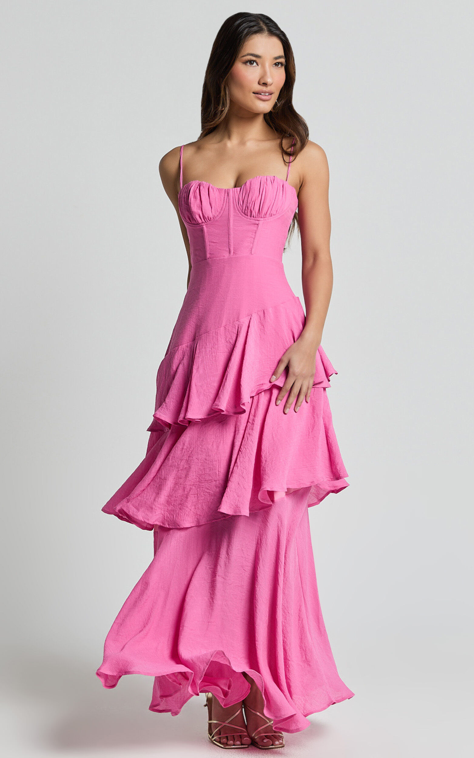 Diana Midi Dress - Sweetheart Ruched Bust Layered Dress in Hot Pink