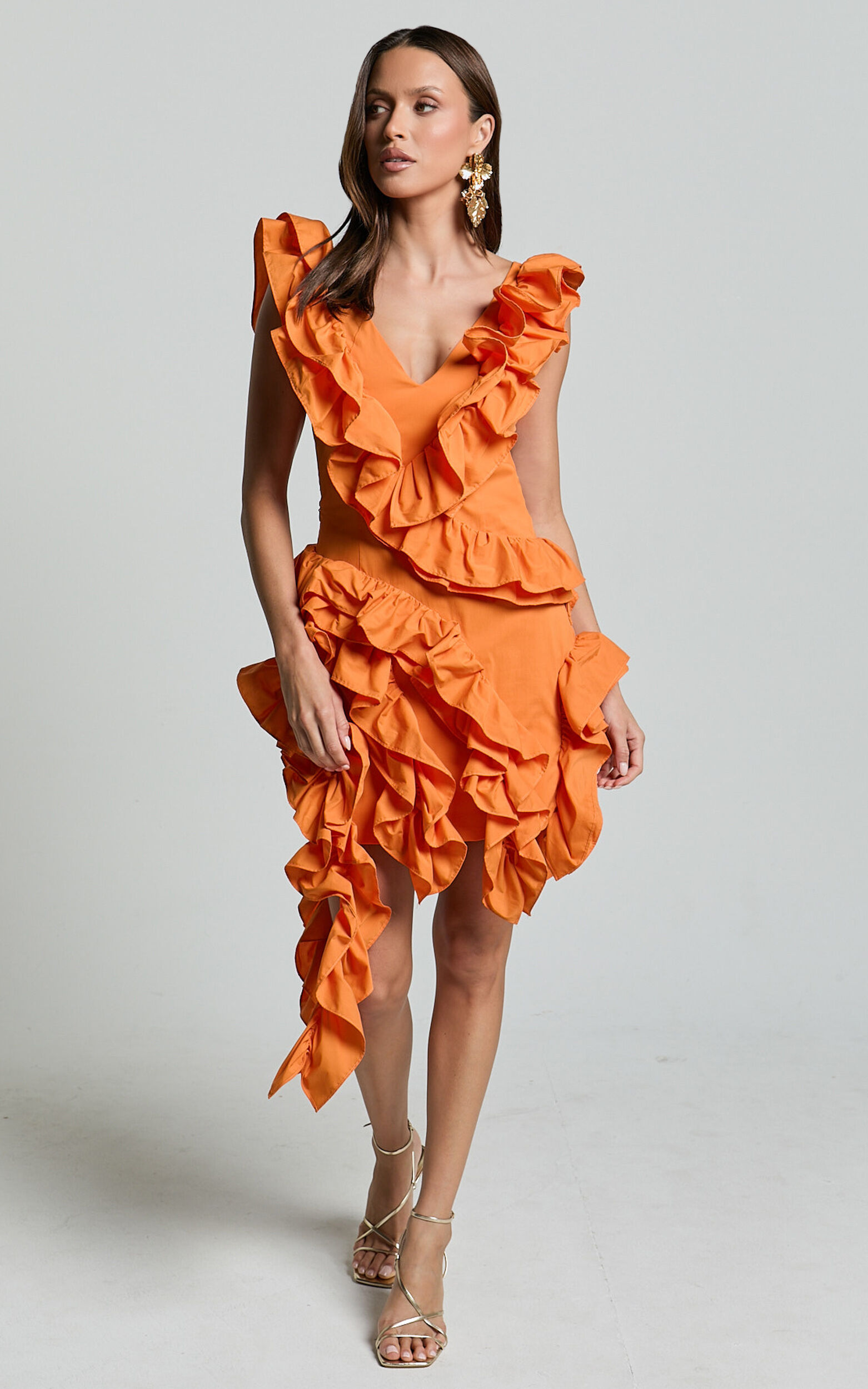 Amalie The Label - Lilou Ruffle Detail Cut Out Mini Dress in Orange