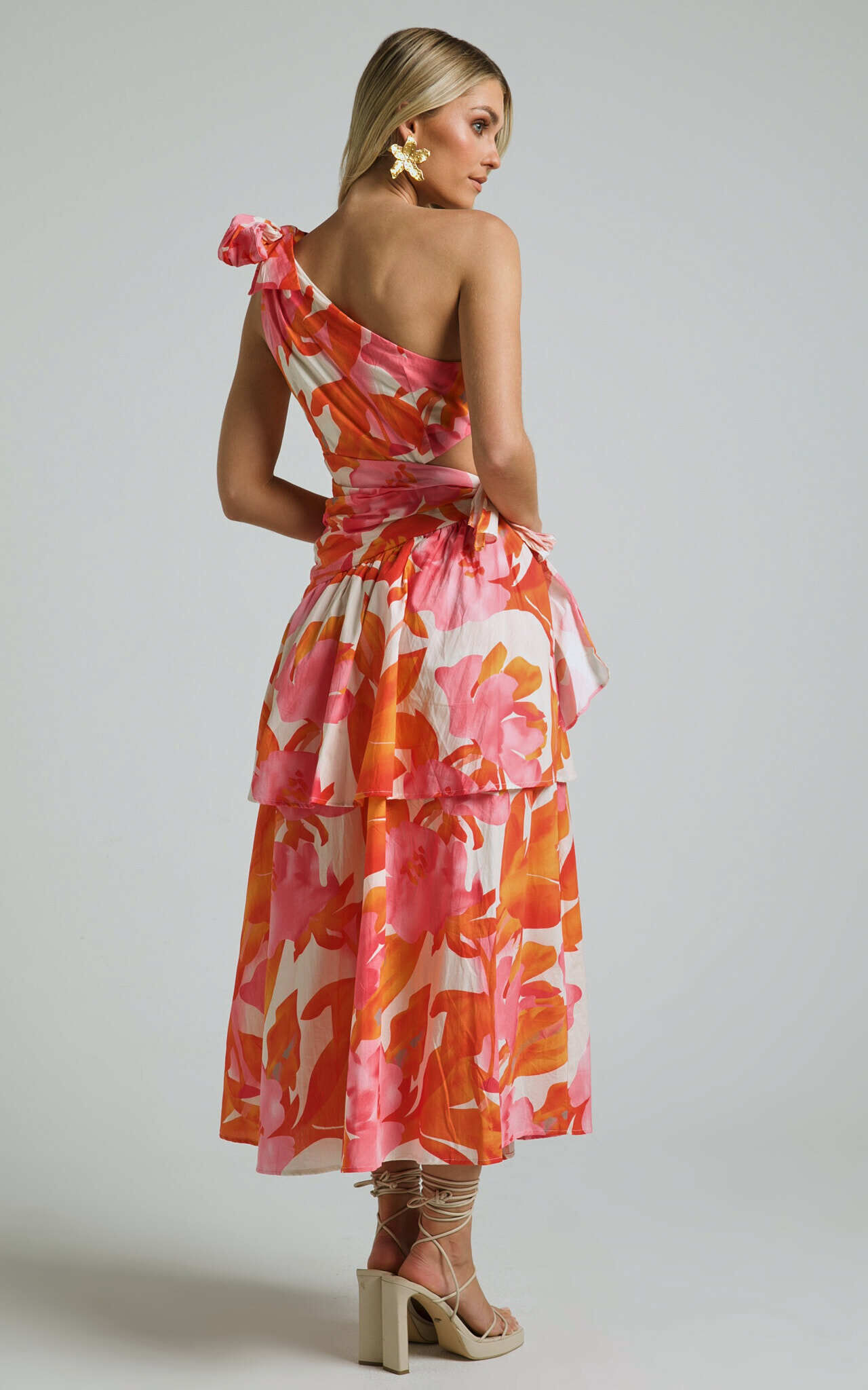 Honolulu Midi Dress - One Shoulder Tiered Dress in Orange Floral