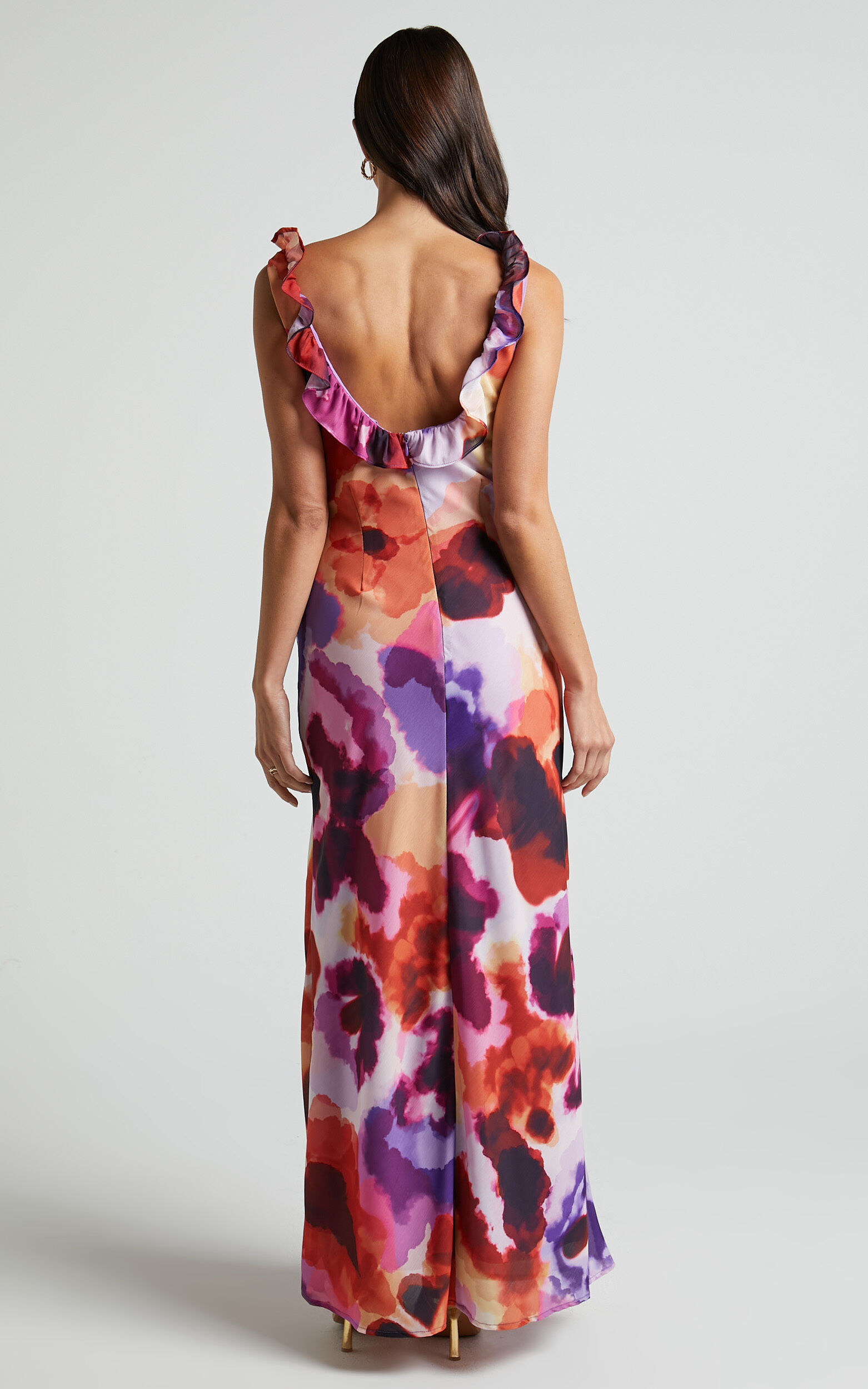 Charlie Midi Dress - V Neck Low Back Frill Detail Dress in Watercolour Floral