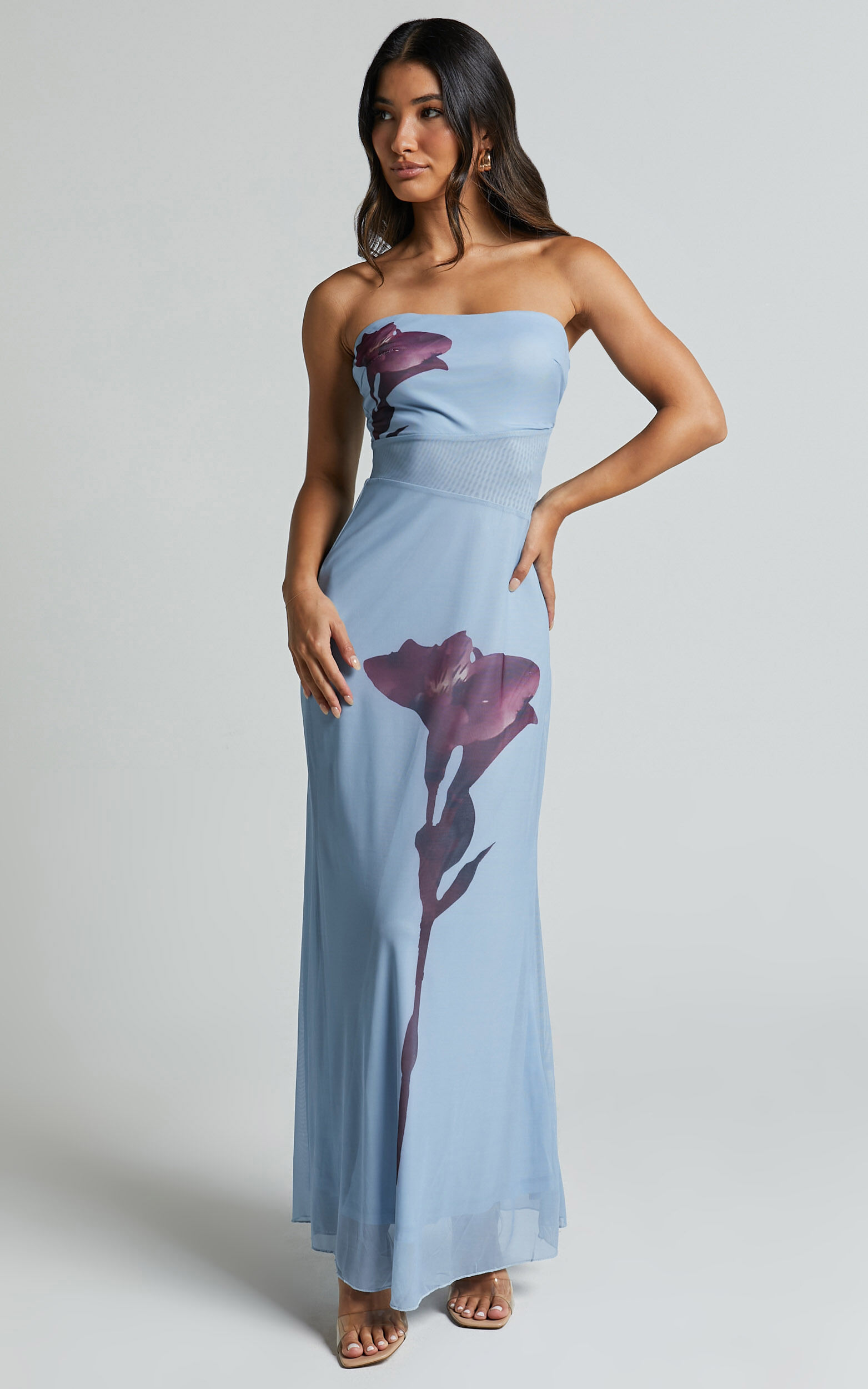 Adali Midi Dress - Strapless Mesh Midi Dress in Blue Floral