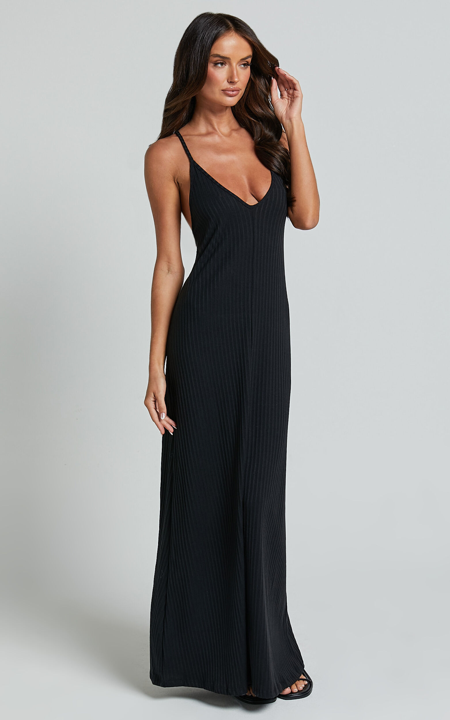 Jacky Maxi Dress - Strappy Plunge Cross Back Tie A Line Dress in Black