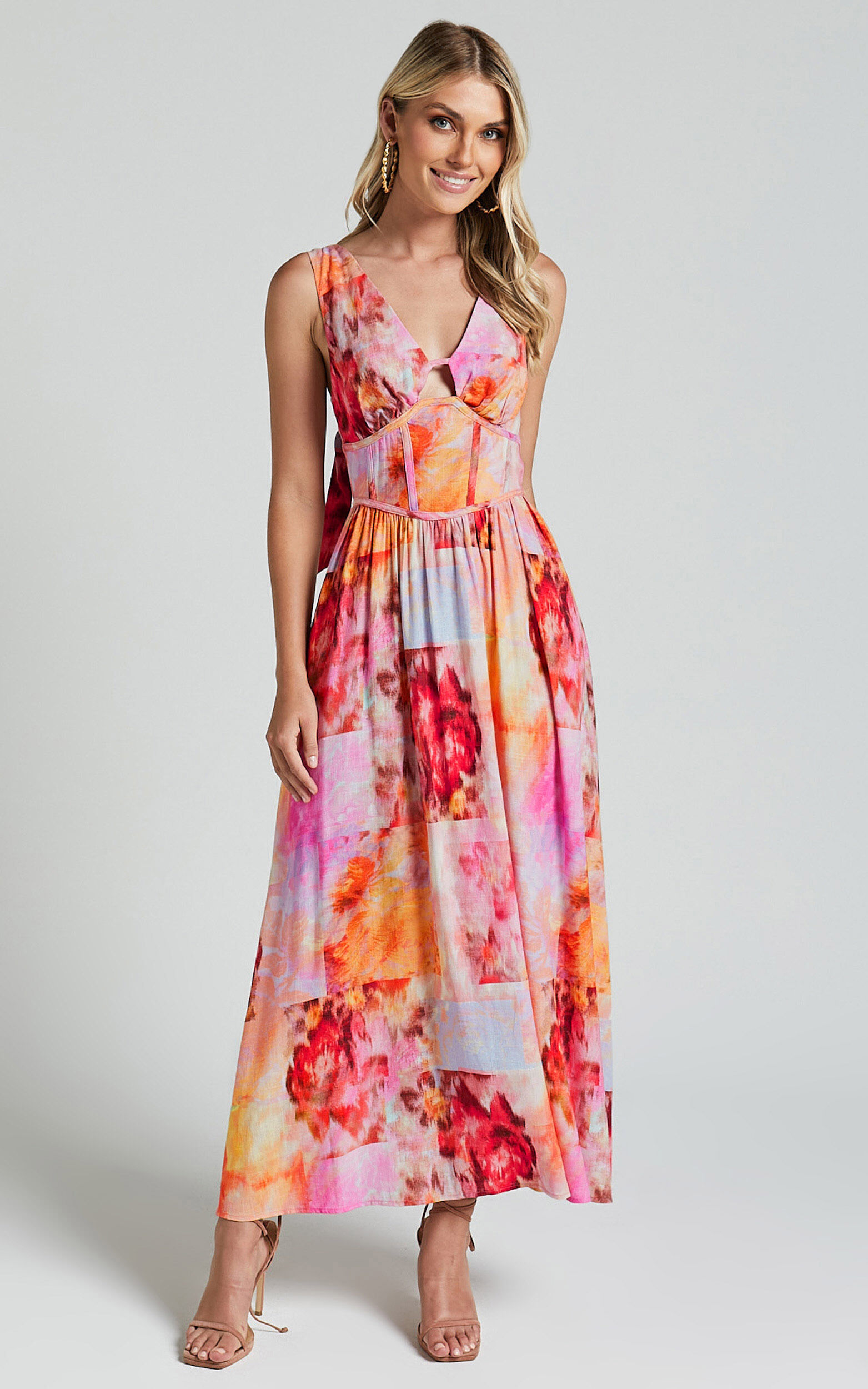 Amalie The Label - Chamika Linen Blend Bustier Double Tie Back Midi Dress in Marsielle Print