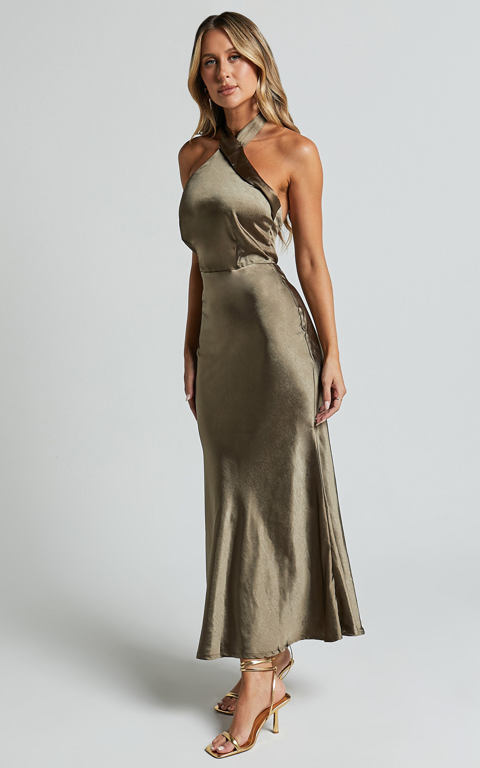 Rhianne Midi Dress - Twist Halter Neck Open Back Satin Dress in Olive