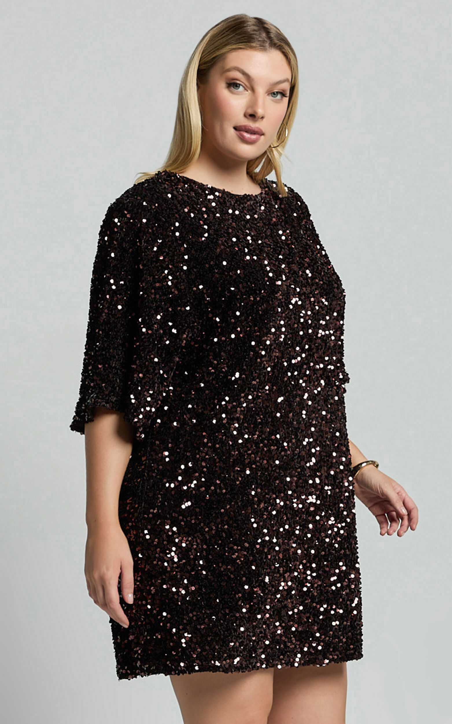 Valetta Mini Dress - Sequin low back shift dress in Chocolate