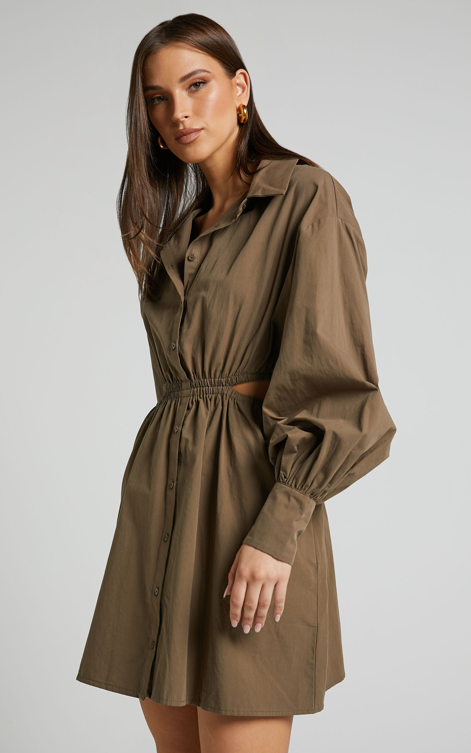 Jiah Dress - Side Cut Out Mini Shirt Dress in Khaki