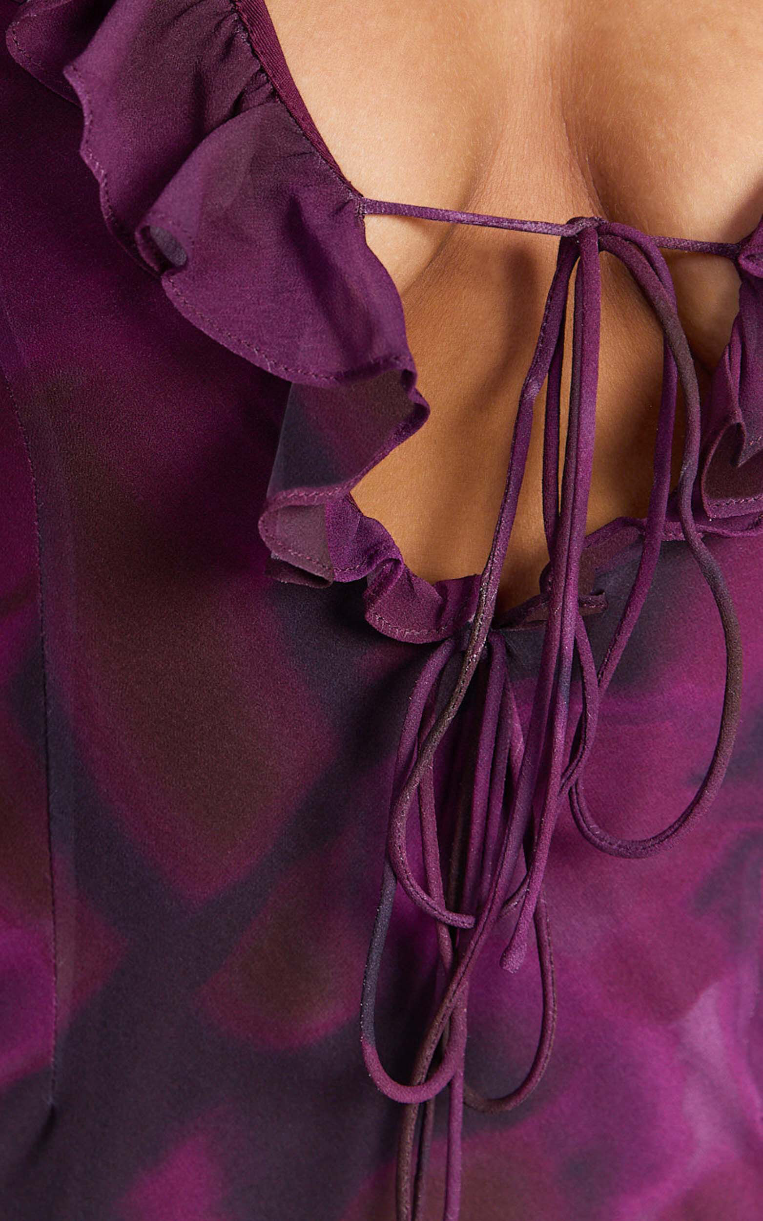 Alesya Mini Dress - Ruffle Plunge Neck Long Sleeve Tie Detail Dress in Royal Adeana