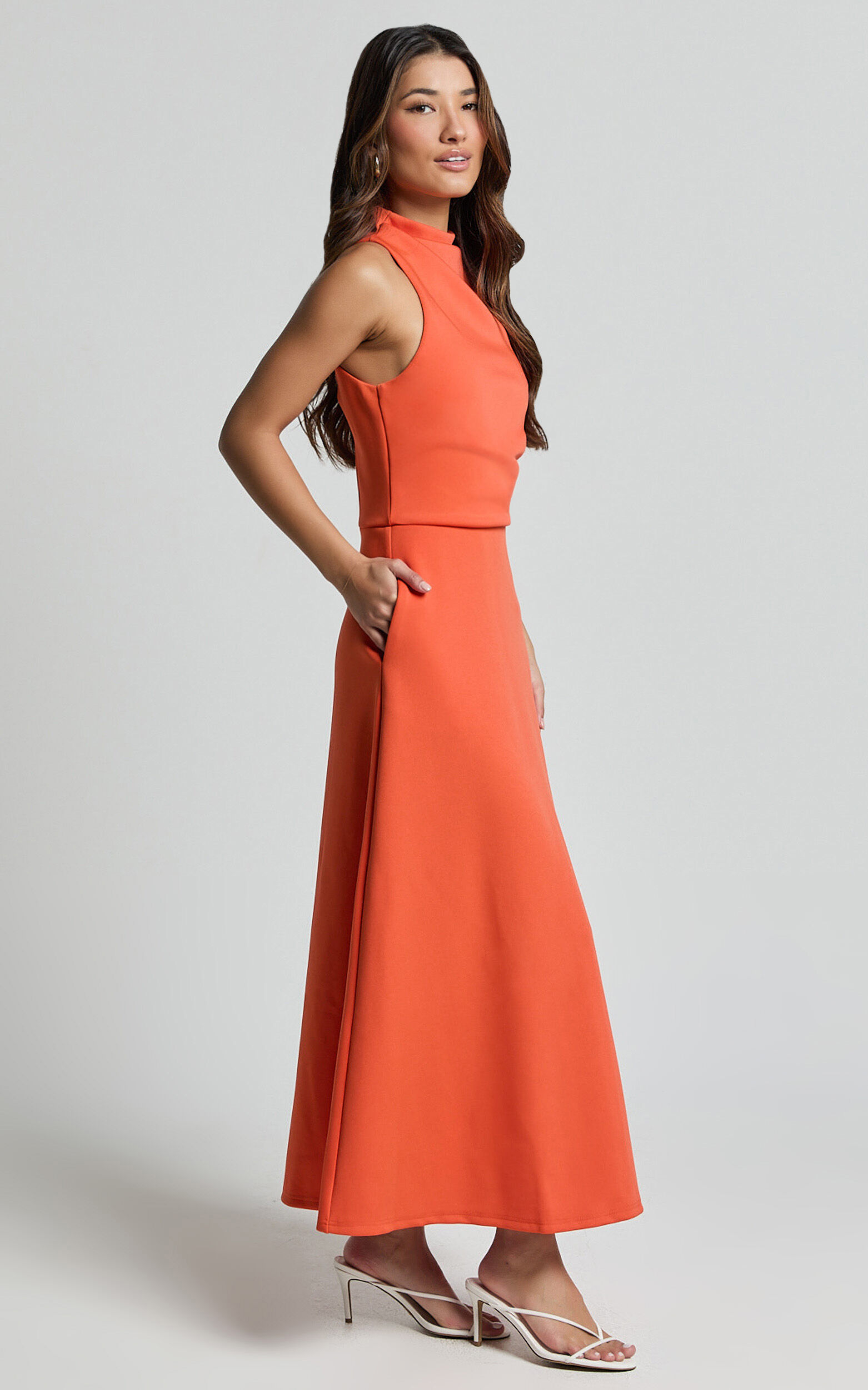 Macy Midi Dress - High Neck A Line Dress in Orange