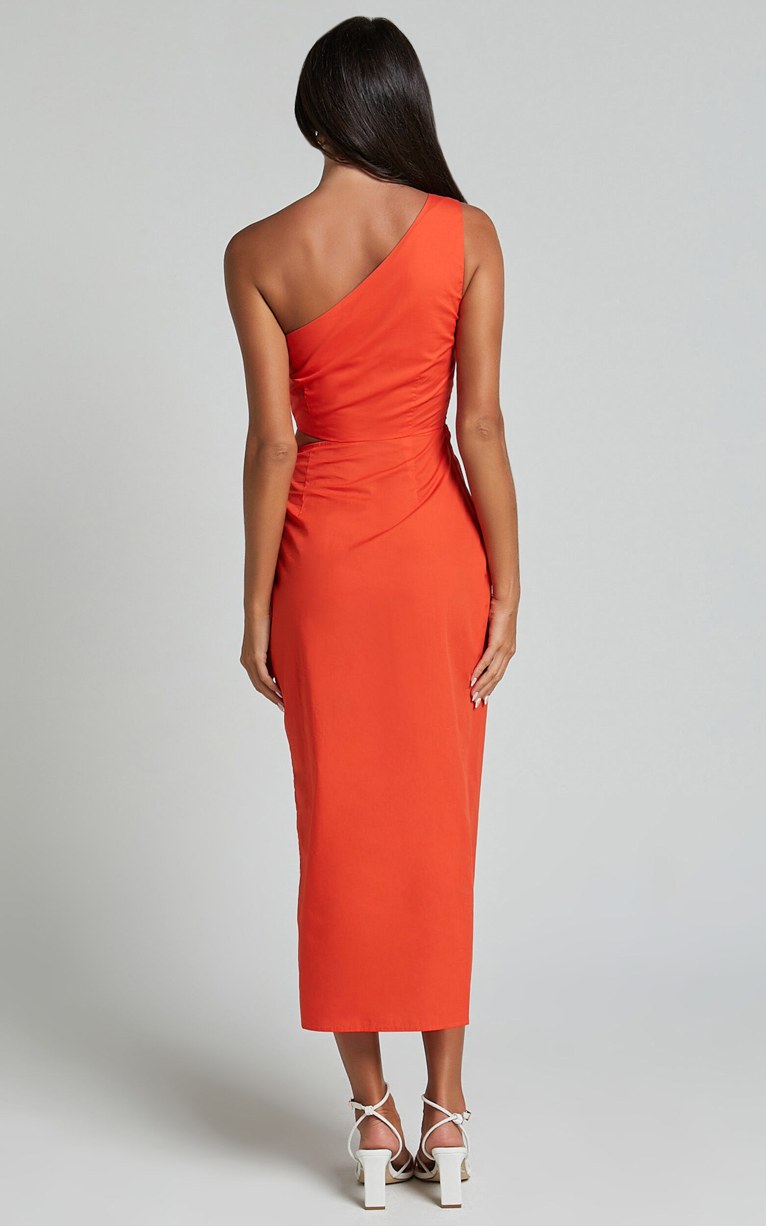 Rina Midi Dress - One Shoulder Side Cut Out Wrap Dress in Orange
