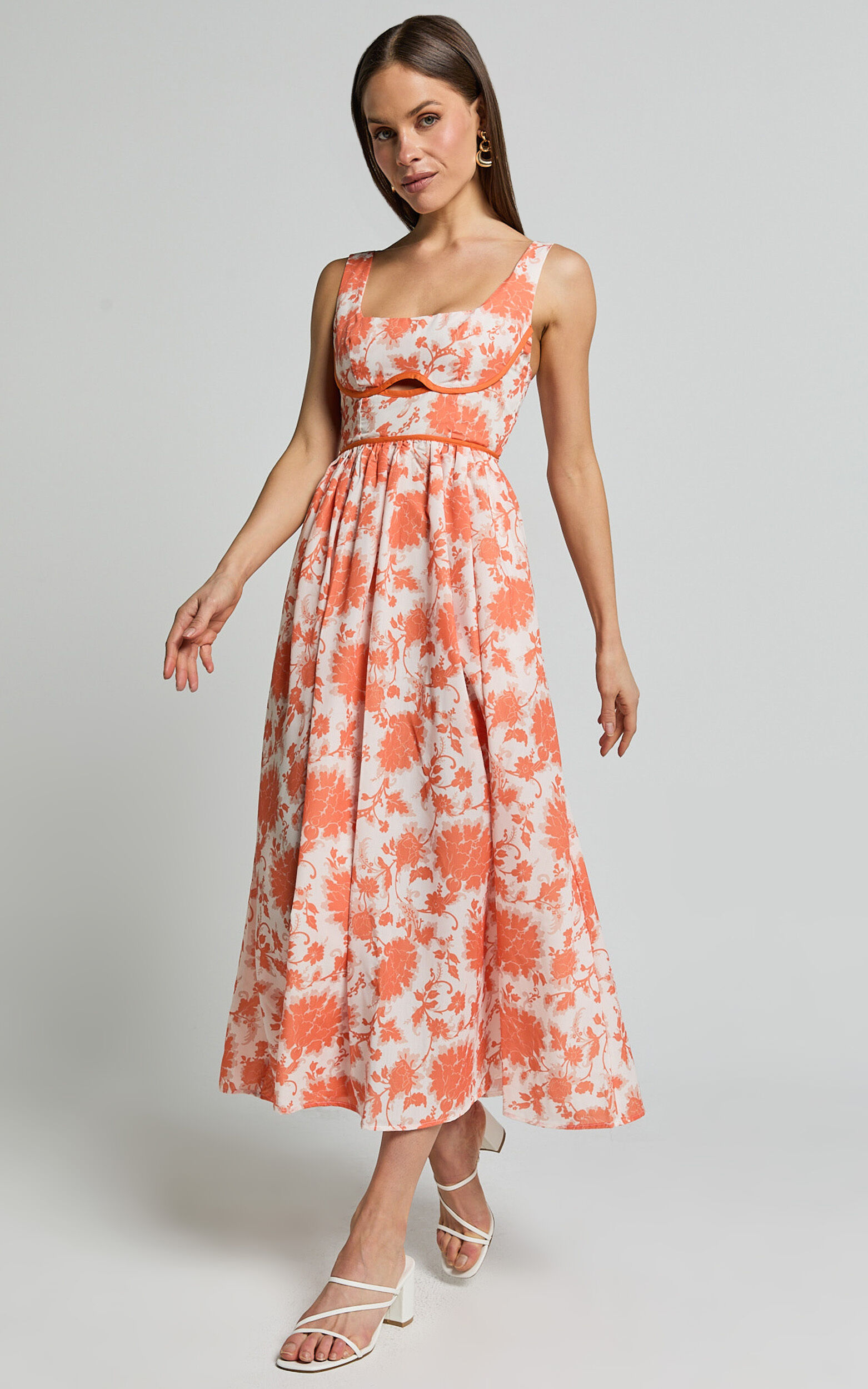 Chira Midi Dress - Front Cut Out Thigh Split Dress in Orange Floral