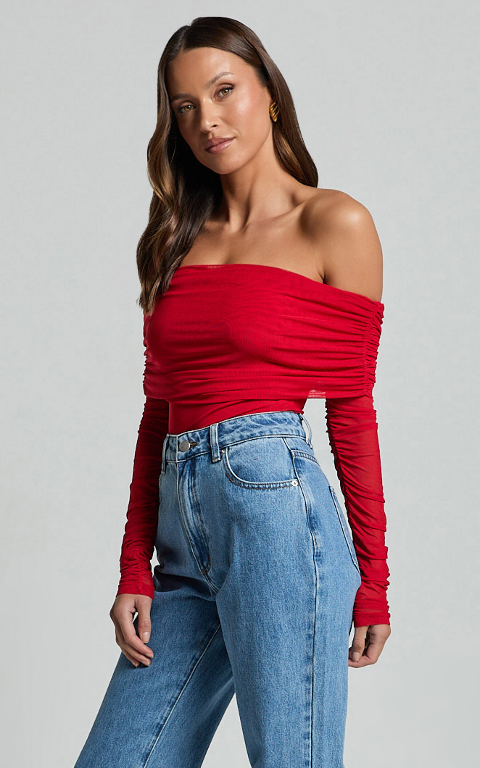 Jaythen Bodysuit - Long Sleeve Off Shoulder Ruched Mesh Bodysuit in Red