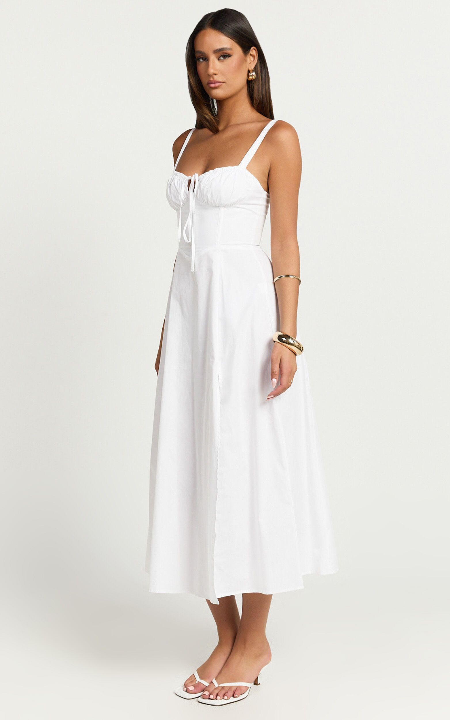Maiya Midi Dress - Tie Front Fitted Bodice Dress in White