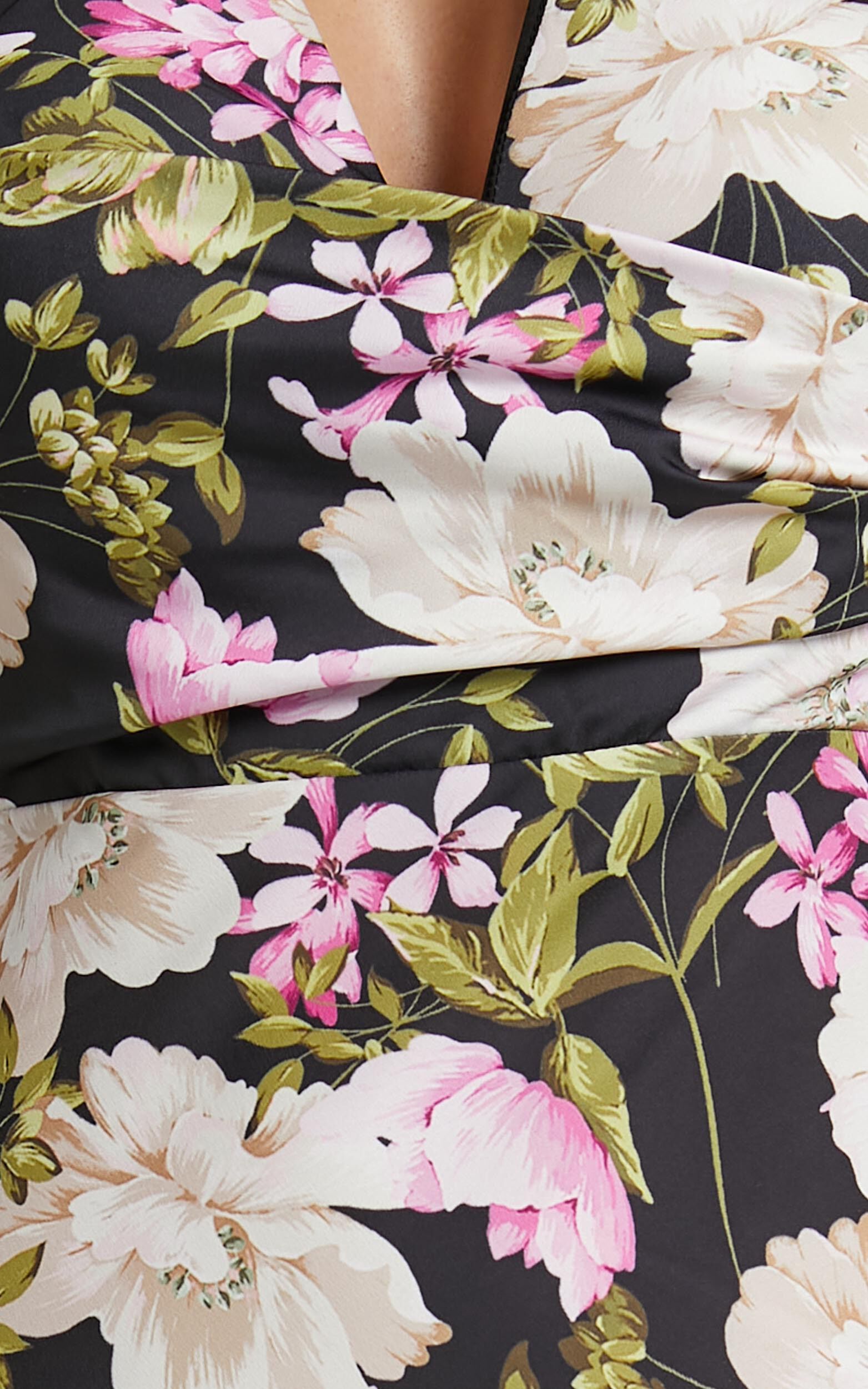 Janise Midi Dress - V Neck Wrap Top Detail Thigh Split Dress in Midnight Floral