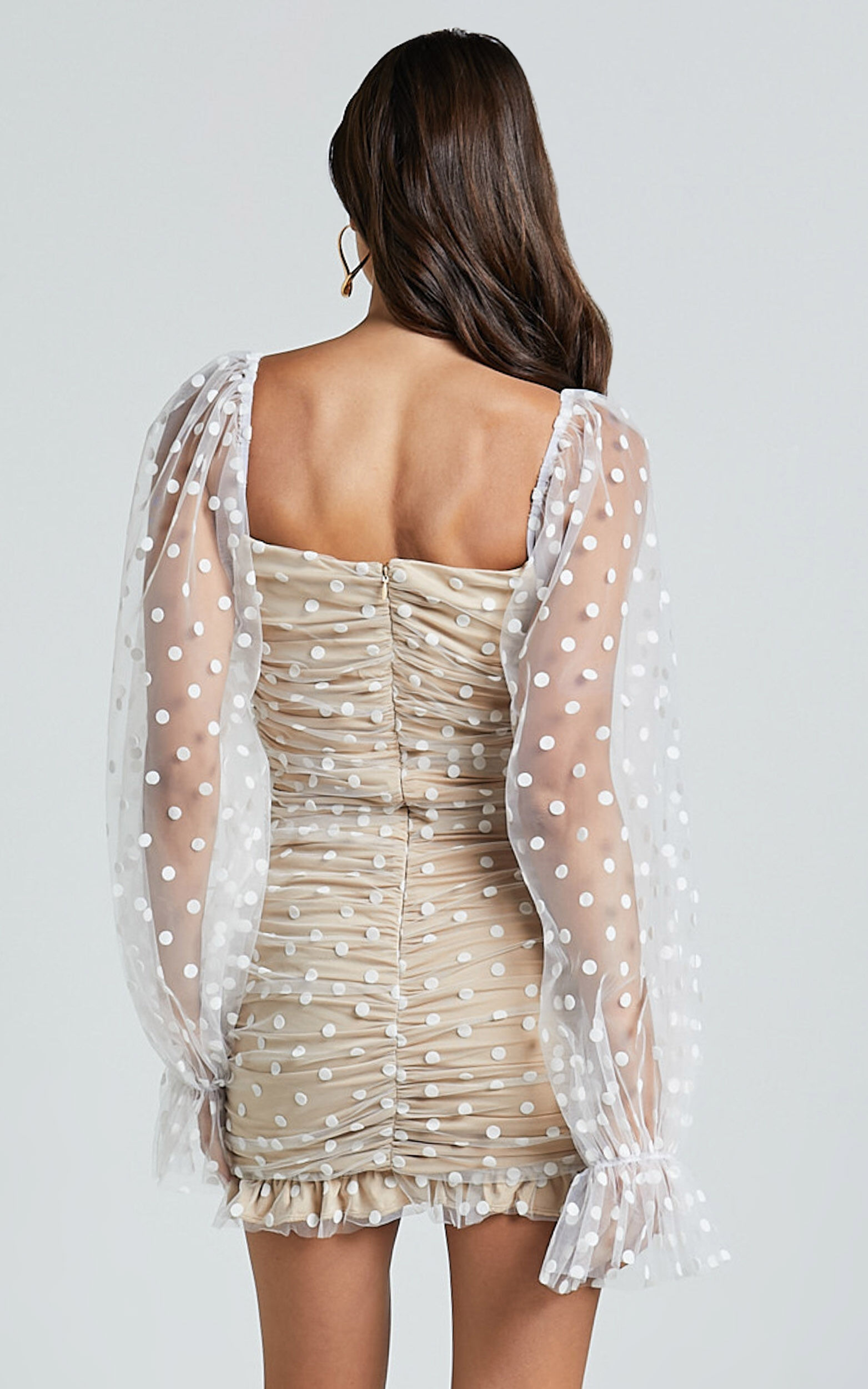 Margaux Mini Dress - Mesh Spot Ruched Mini Dress in White Spot