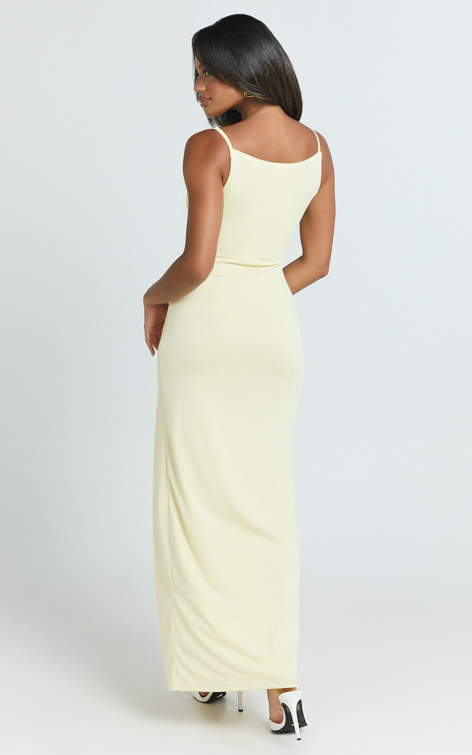 Audette Maxi Dress - Boat Neck Ruched Fitted Dress in Lemon