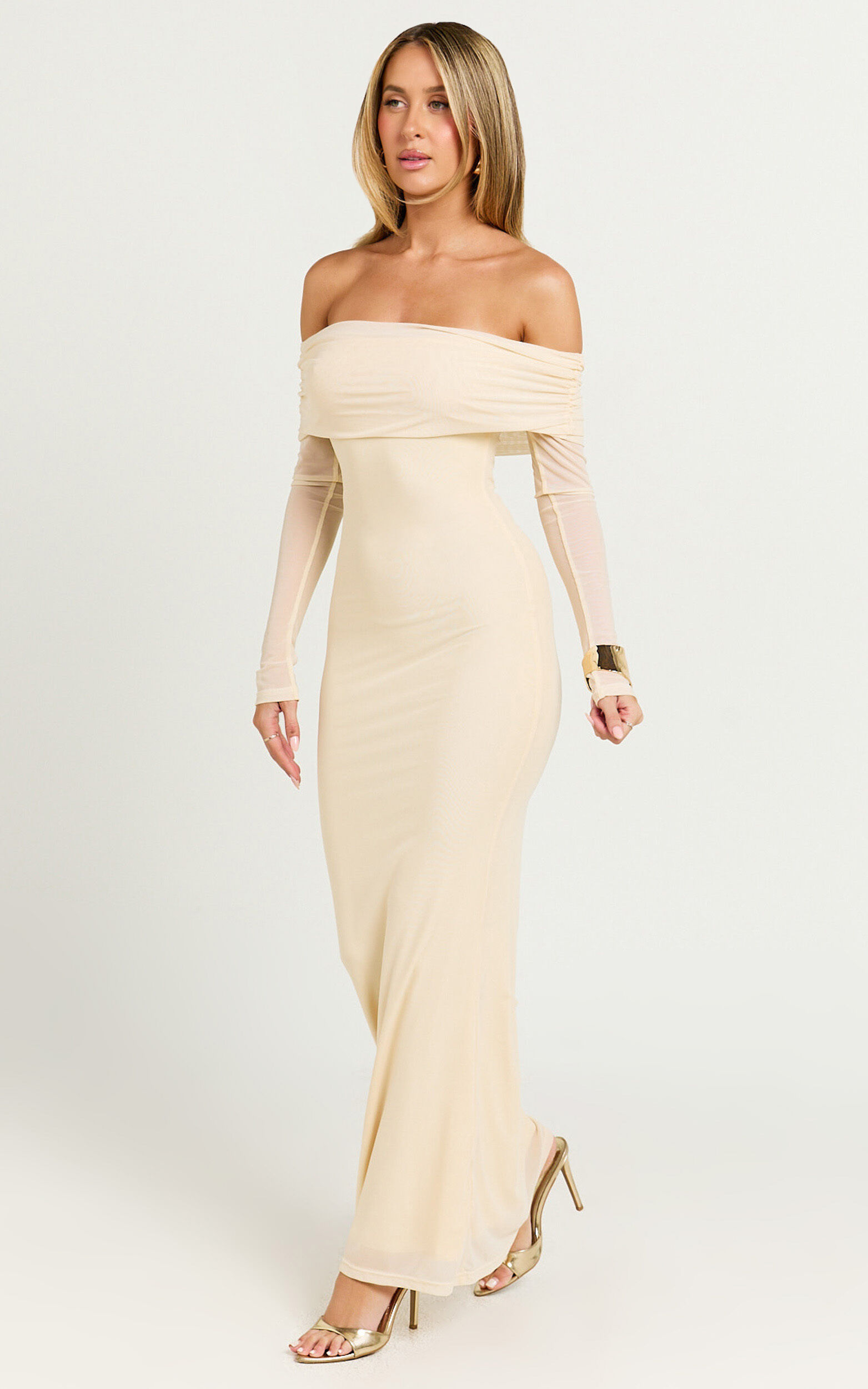 Bethanie Maxi Dress - Off The Shoulder Mesh Dress in Cream