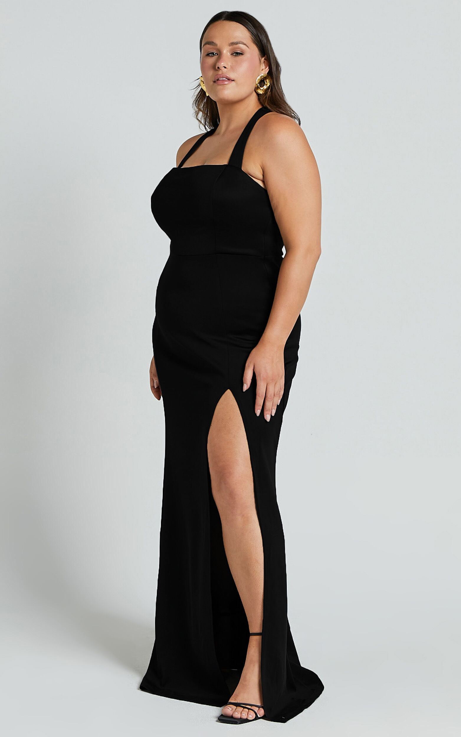 Lainie Maxi Dress - Straight Neck Thigh Split Cross Back in Black