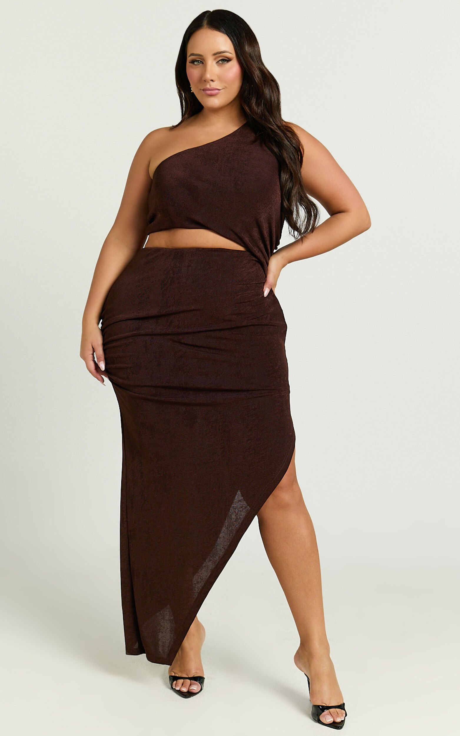 Kala Midi Dress - One Shoulder Cut Out Side Split Dress in Chocolate