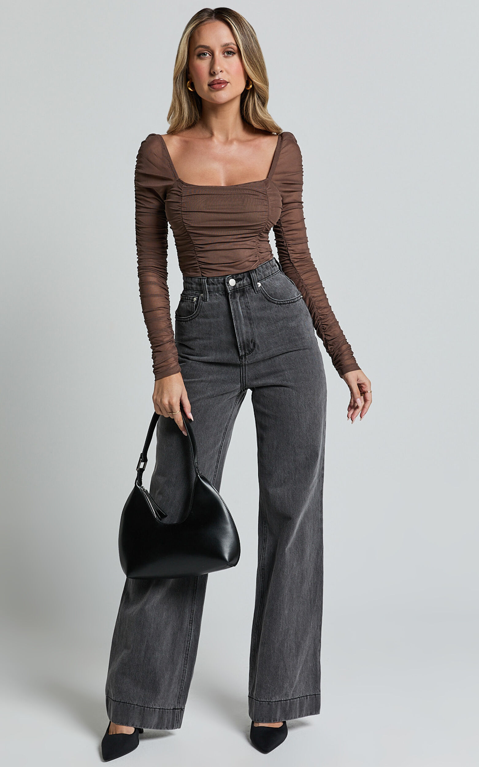 Casen Bodysuit - Long Sleeve Ruched Mesh Bodysuit in Chocolate