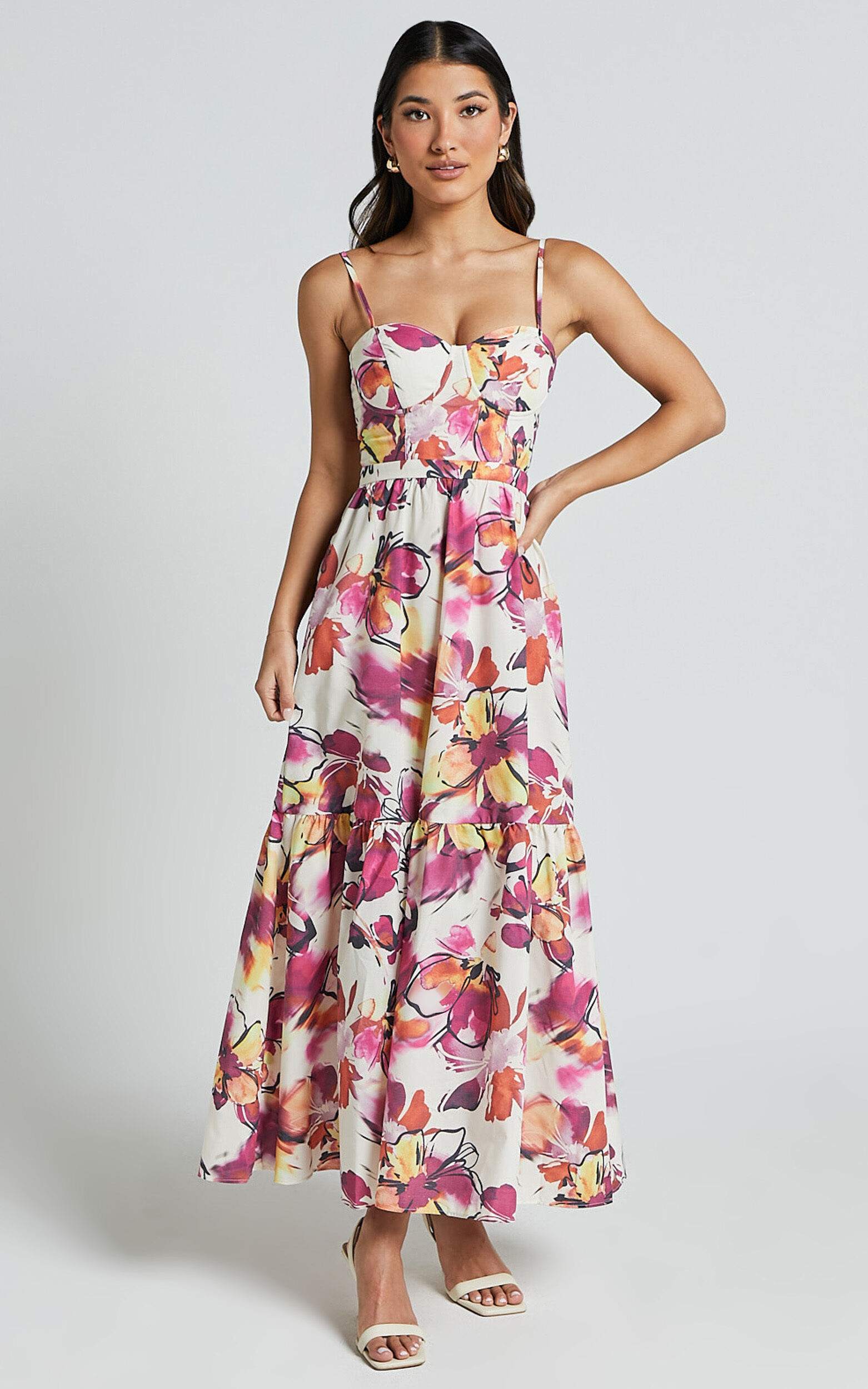 Adara Midi Dress - Strappy Bustier Dress in Dahlia Dusk Floral