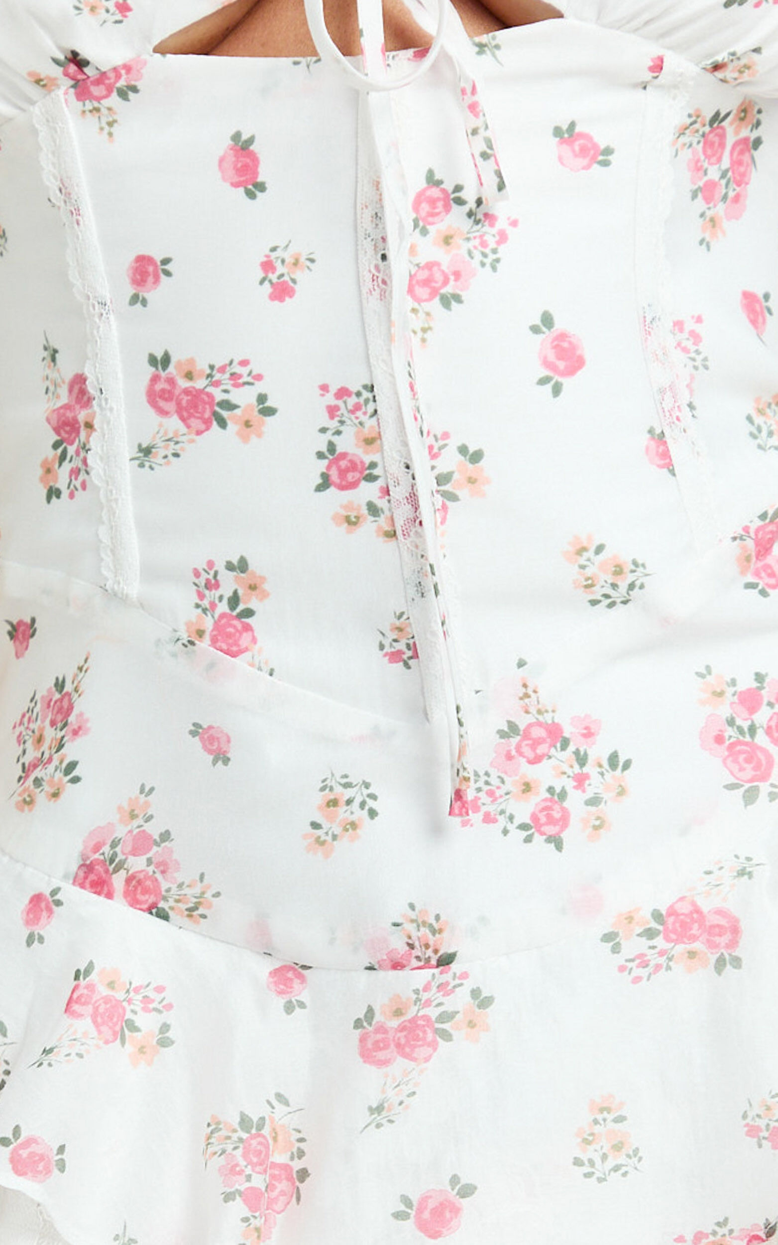 Justine Mini Dress - Strappy Tie Front Corset Waist Ruffle Hem Dress in Romantic Ditsy Print