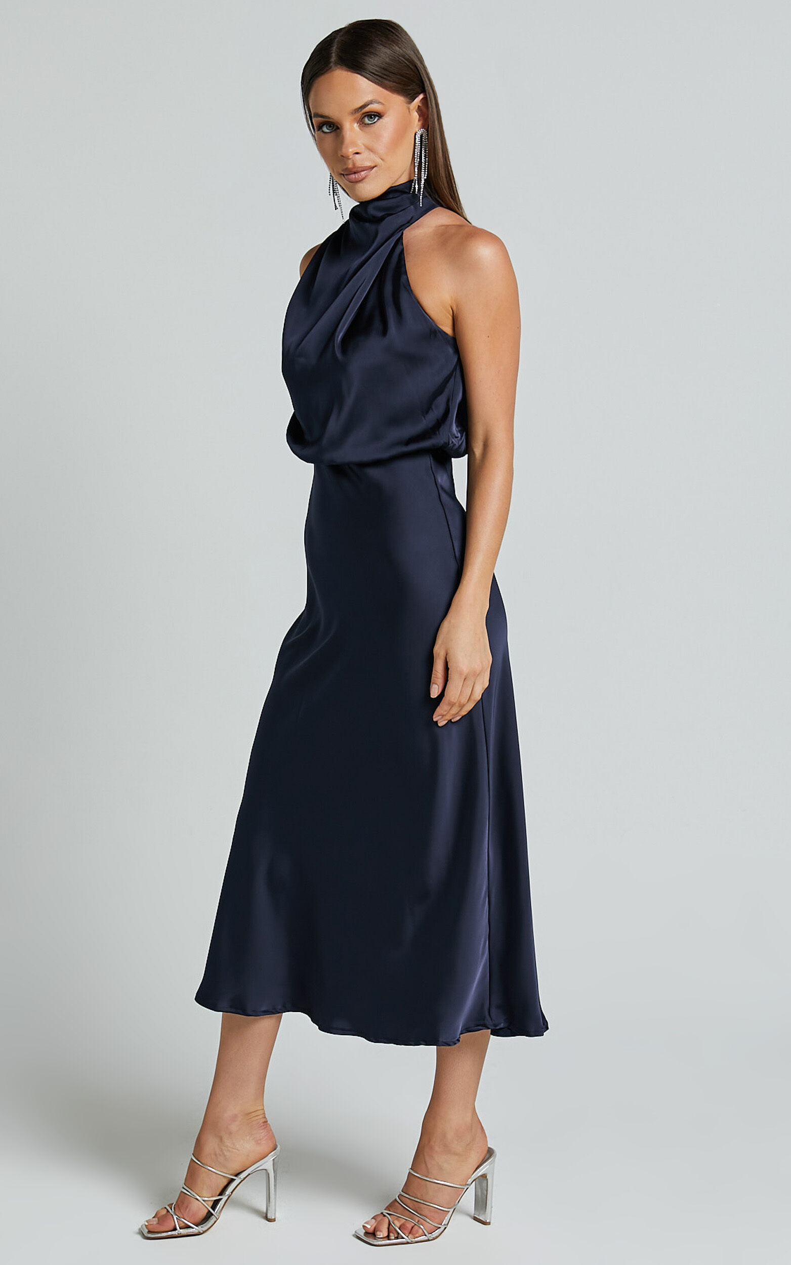 Minnie Midi Dress - Drape Neck Satin Slip Dress in Midnight Blue