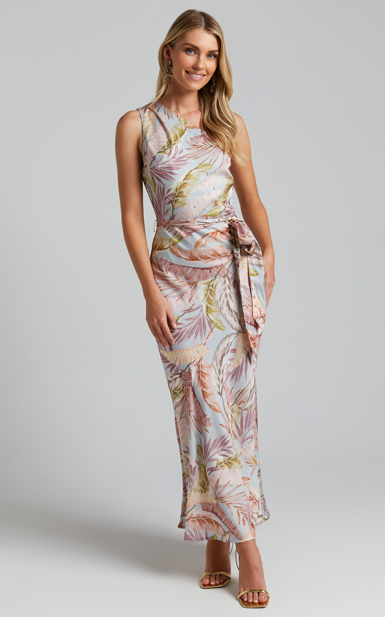 Adea Midi Dress - Asymmetric One Shoulder Slip Dress in Blue Lagoon Leaf Print